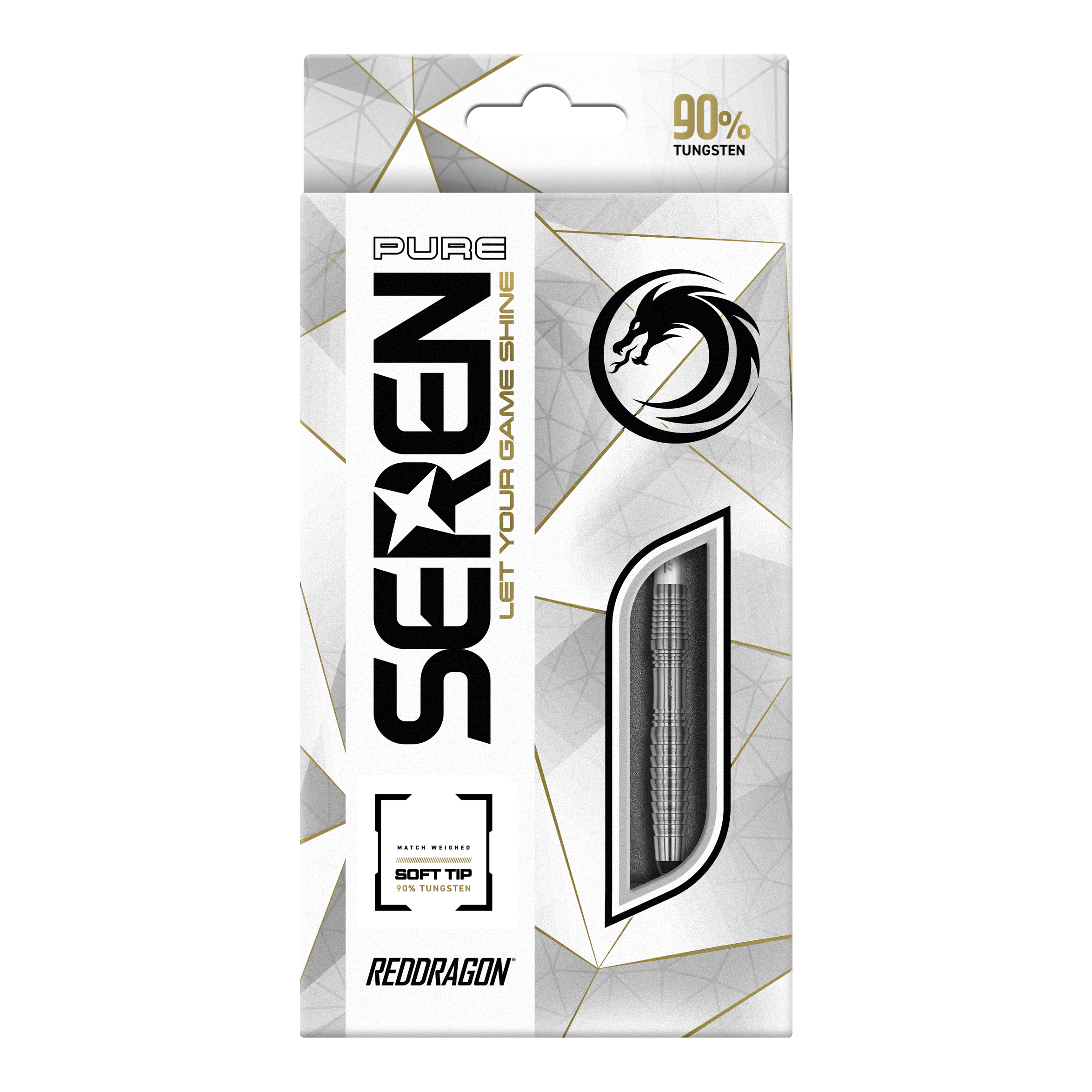 Dardos blandos Red Dragon Seren 3 Pure - 20 g Die Abbildung zeigt die Verpackung der "Red Dragon Seren 3 Pure Softdarts - 20g". Auf der Vorderseite steht, dass die Darts 90% Tungsten enthalten und für Soft-Tip geeignet sind.