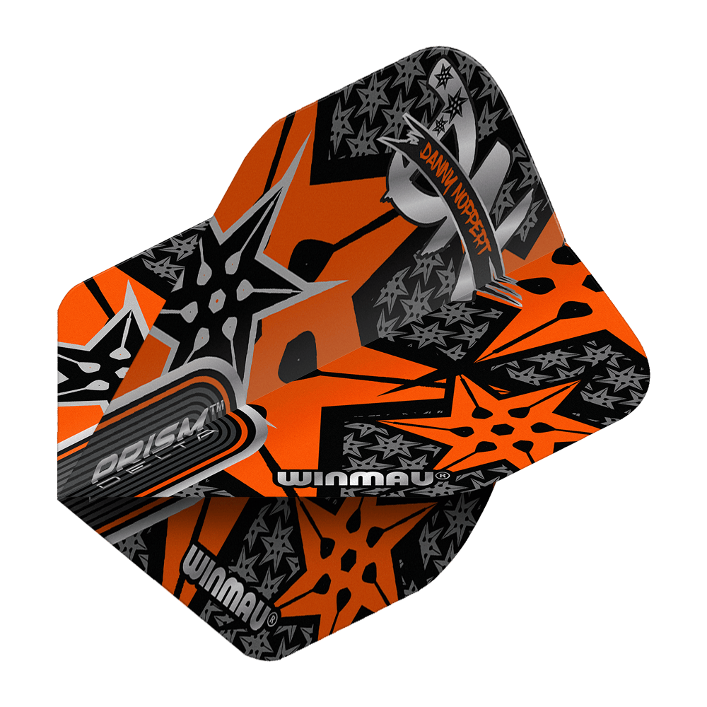 Vuelos estándar Winmau Prism Delta Danny Noppert Orange Signature No2 Das Bild zeigt ein Winmau Prism Delta Danny Noppert Orange Signature No2 Standard Flight. Das Flight hat ein auffälliges Design in Orange mit schwarzen und silbernen Sternen und dem Namen "Danny Noppert".