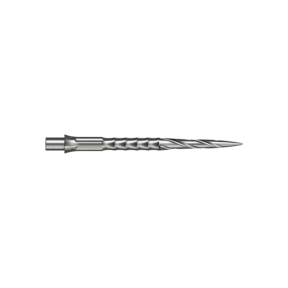 Puntas de dardos de acero Caliburn System - Spiro - NoLip - plateadas Zwei silberne Steeldartspitzen werden gezeigt. Sie sind 32 mm lang und gehören zum Spiro NoLip Design.