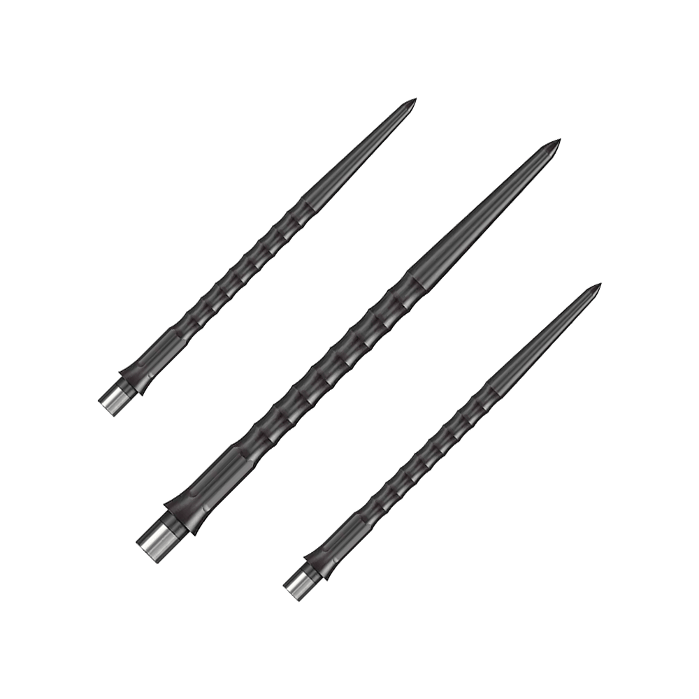 Puntas Steeldart del sistema Caliburn - Ondulada - Sin labio - Negras Das Foto zeigt ein Set schwarzer Caliburn Evo System Steeldartspitzen mit 40 mm Länge. Es sind mehrere Spitzen nebeneinander abgebildet.