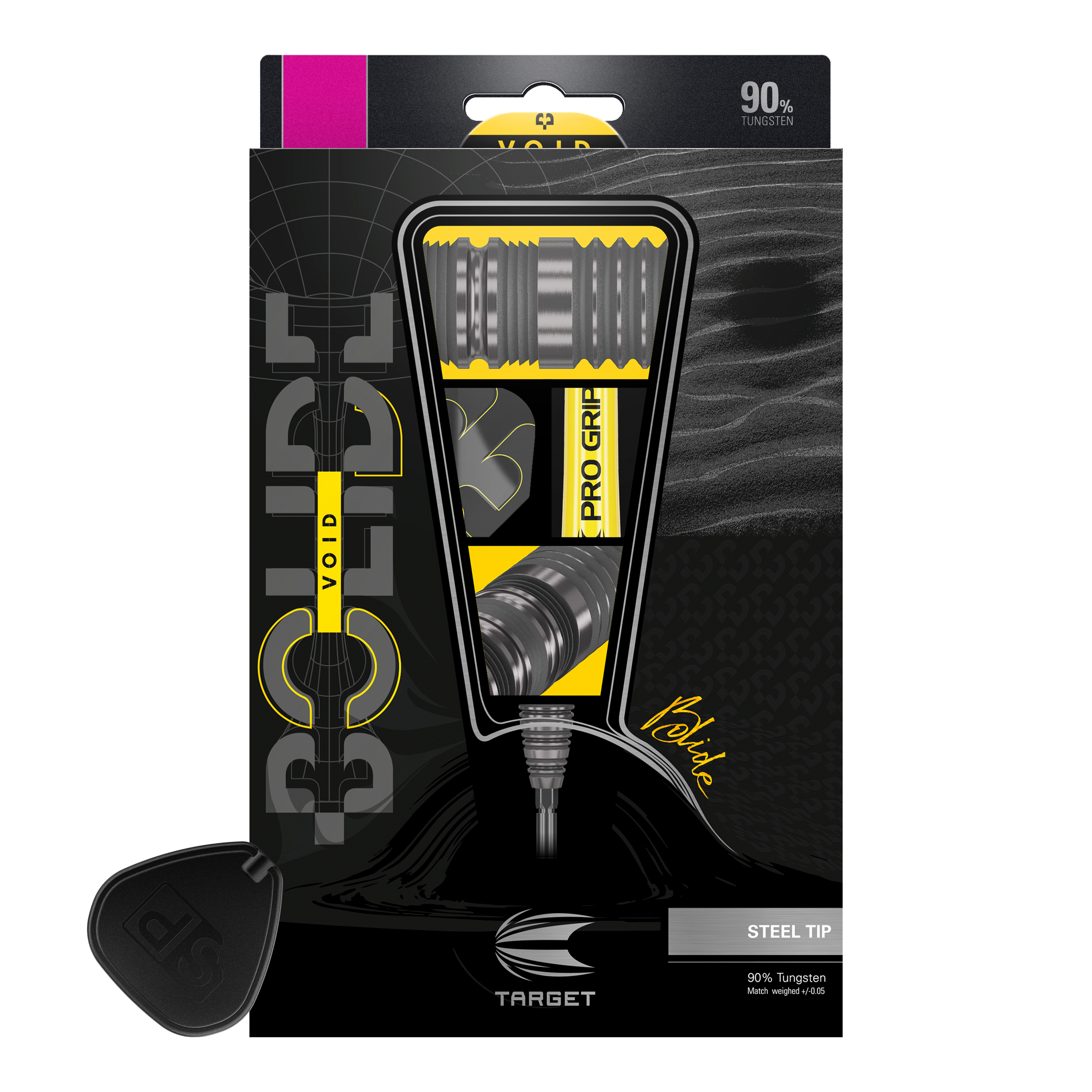 Dardos de acero Target Bolide Void 03 Swiss Point Das Bild zeigt die Verpackung der "Target Bolide Void 03 Swiss Point Steeldarts". Die Darts bestehen zu 90 % aus Tungsten und haben eine Stahspitze.