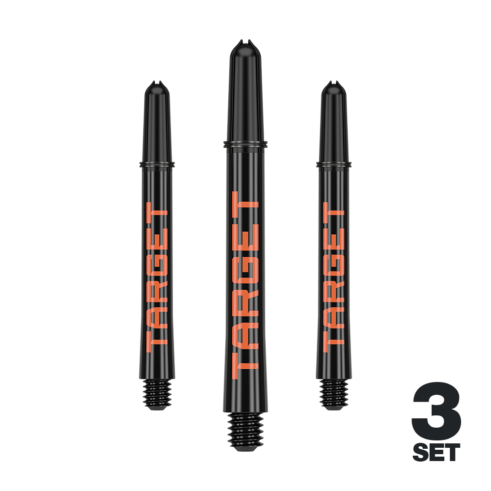 Varillas Target Pro Grip TAG - 3 juegos - Negro Naranja Das Bild zeigt drei schwarze Dartschäfte mit orangefarbener Aufschrift "TARGET". In der rechten unteren Ecke steht "3 SET".