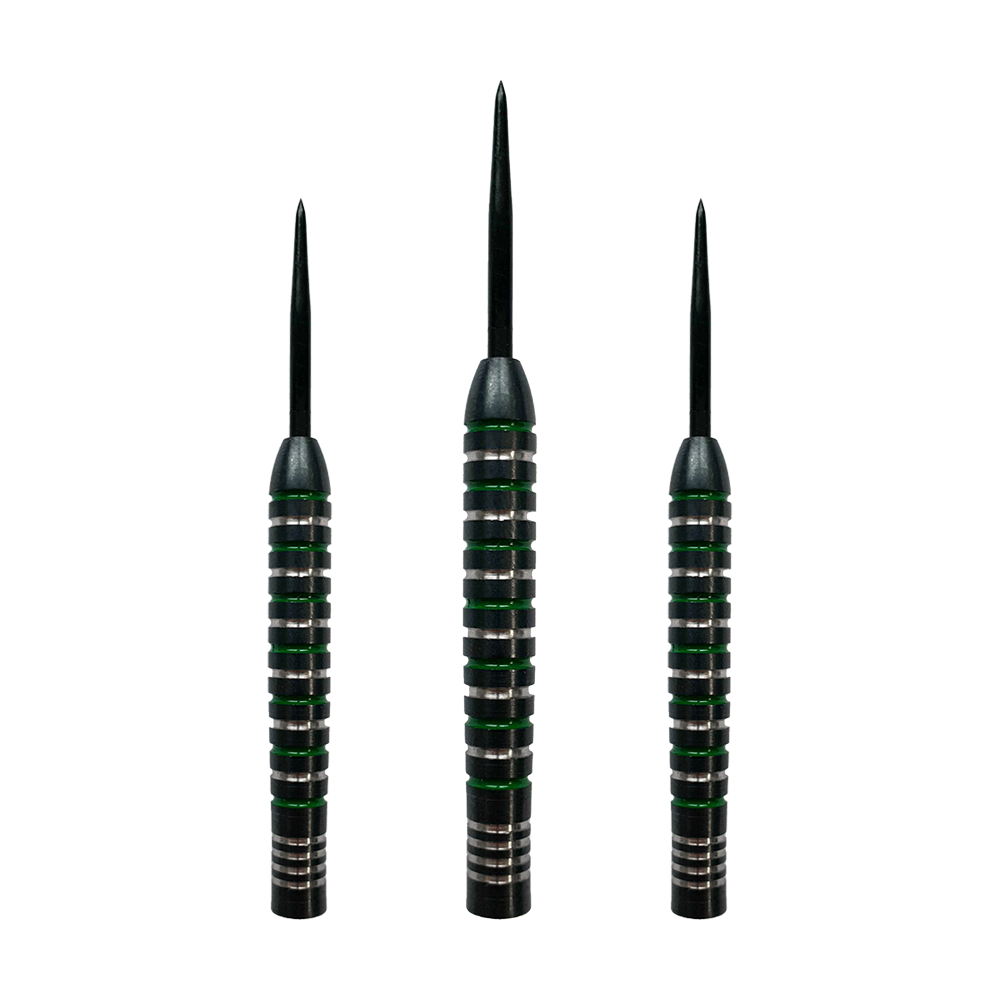 Barriles de dardos de acero McDart Silver Green Das Bild zeigt drei McDart Silver Green Steeldart Barrels. Die Barrels sind schwarz mit silbernen und grünen Ringen.
