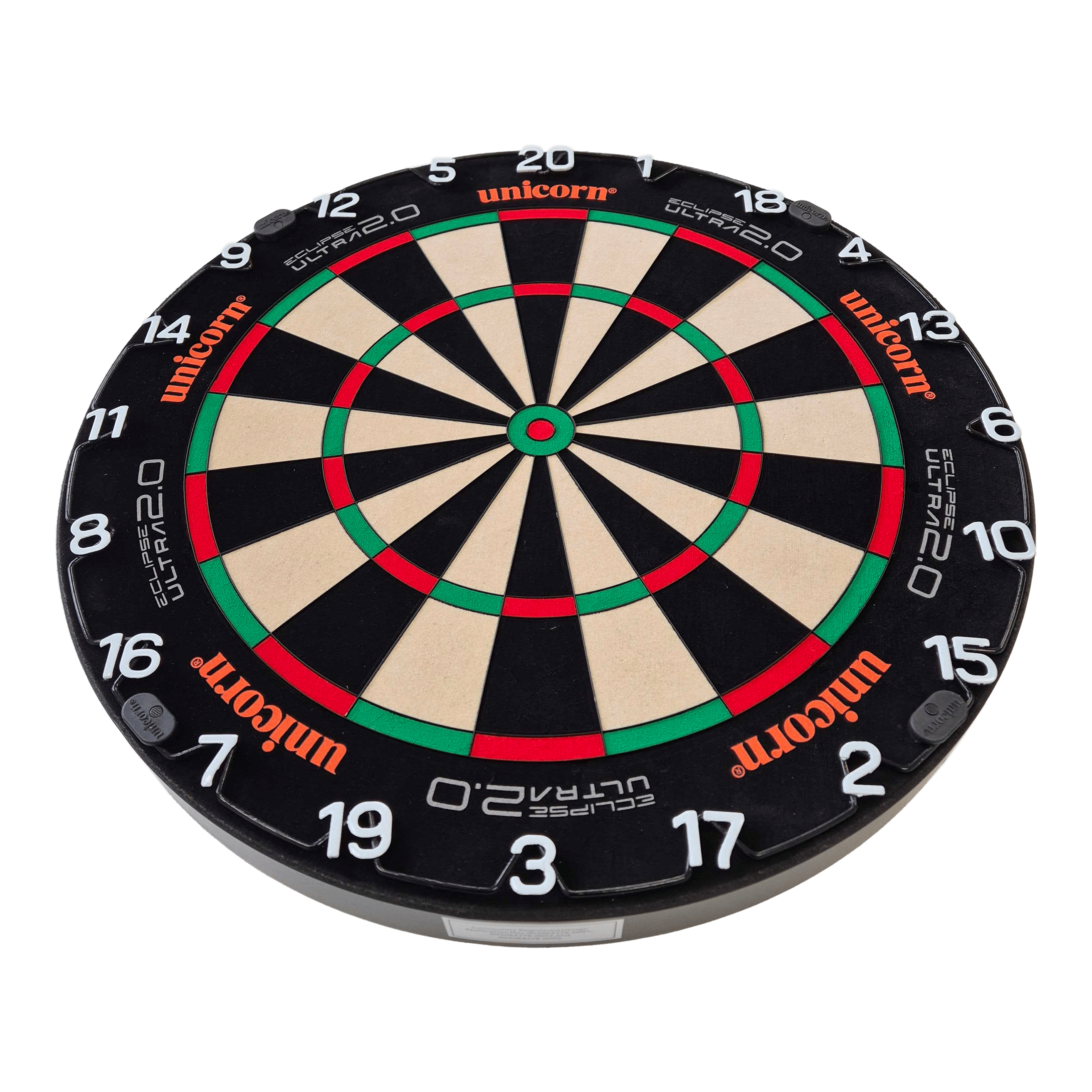 Diana de dardos de acero Unicorn Eclipse Ultra 2.0 Das Bild zeigt eine Unicorn Eclipse Ultra 2.0 Steeldartboard. Die Dartscheibe hat ein klares, klassisches Design mit Zahlen und farbigen Segmenten.