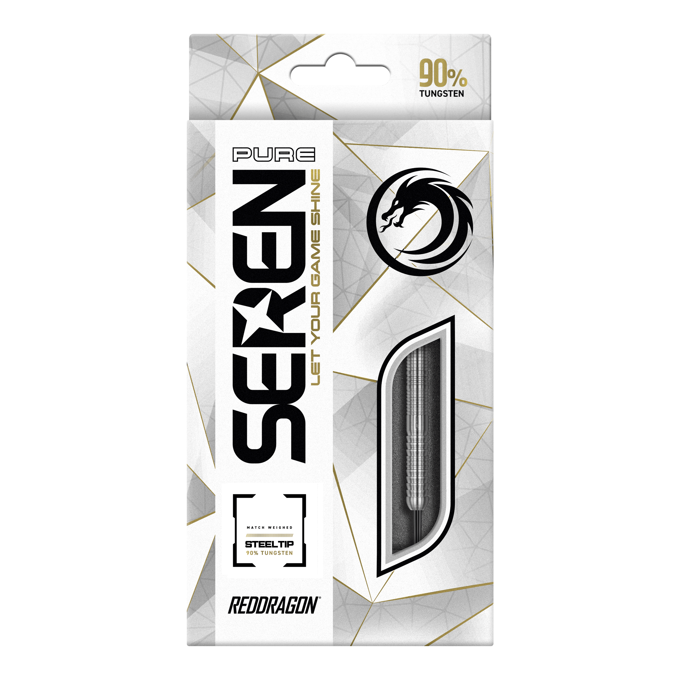 Red Dragon Seren 1 Dardos de acero puro Die Verpackung zeigt das Produkt "Red Dragon Seren 1 Pure Steeldarts". Auf der Vorderseite wird hervorgehoben, dass die Darts aus 90% Tungsten bestehen.