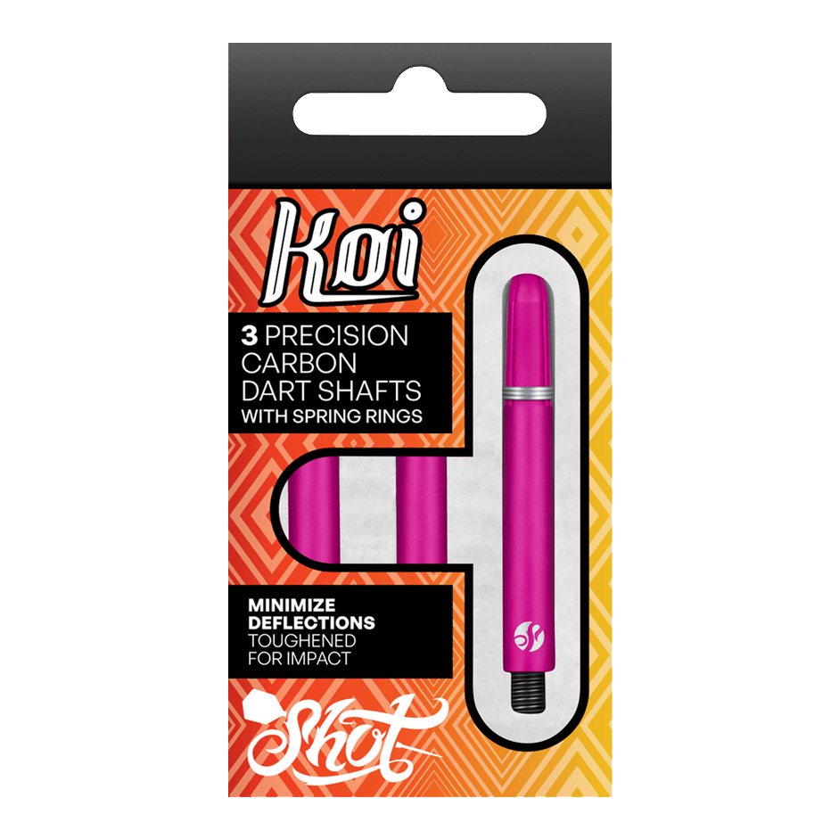 Flechas de carbono Shot Koi - Rosa Auf dem Bild ist eine Verpackung mit drei pinkfarbenen Präzisions-Carbon-Dartschäften zu sehen. Die Schäfte sind für minimale Ablenkungen und erhöhte Schlagfestigkeit ausgelegt.