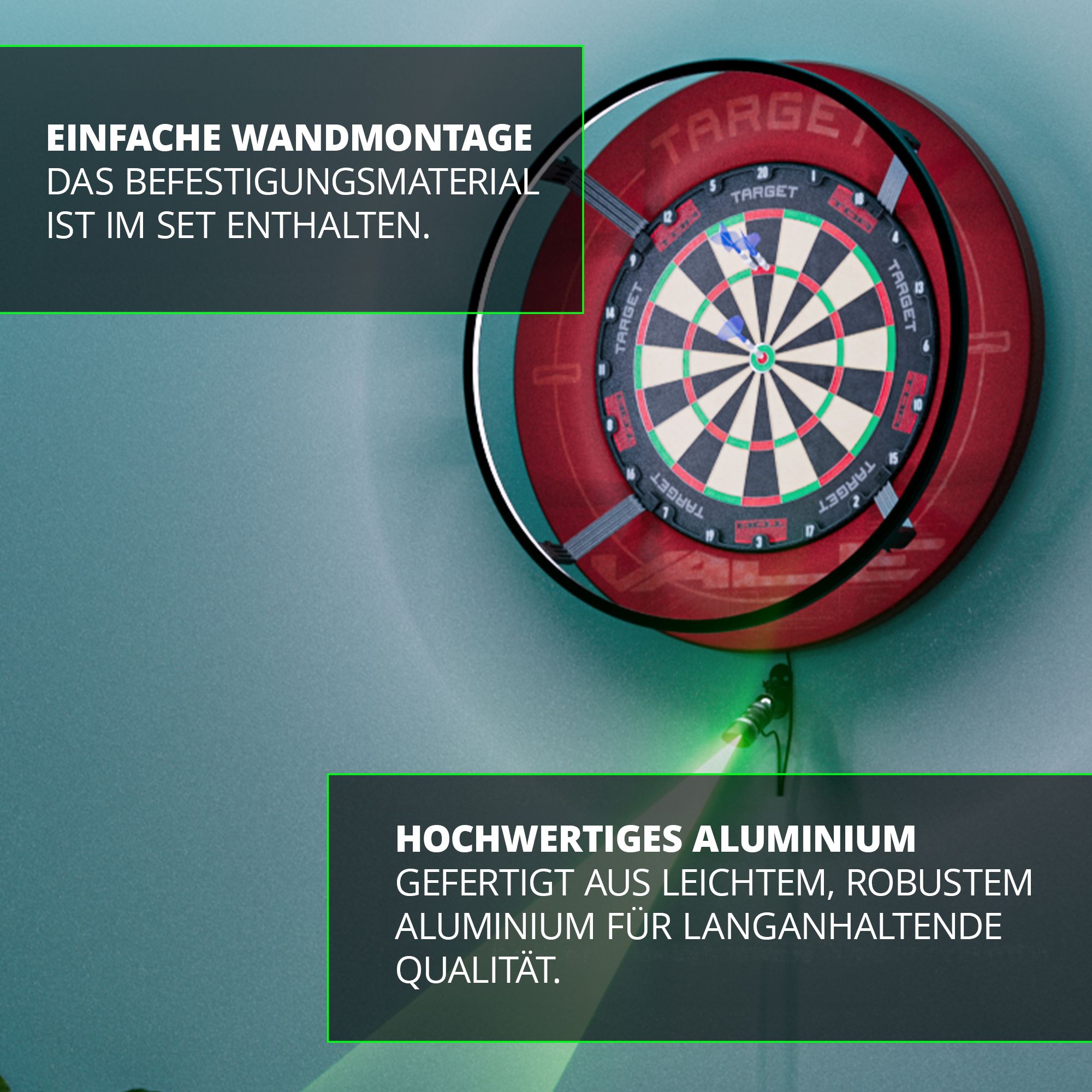 Láser de objetivo MOD Oche Das Bild zeigt eine Dartscheibe mit dem Target MOD Laser Oche an der Wand montiert. Es wird auf die einfache Wandmontage und das hochwertige Aluminium des Produkts hingewiesen.