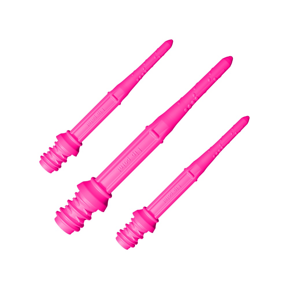 Das Bild zeigt drei pinke Dartspitzen des Produkts "L-Style Premium Lippoints 30 (30er Pack) - 30mm". Sie sind länglich und haben eine strukturierte Oberfläche.