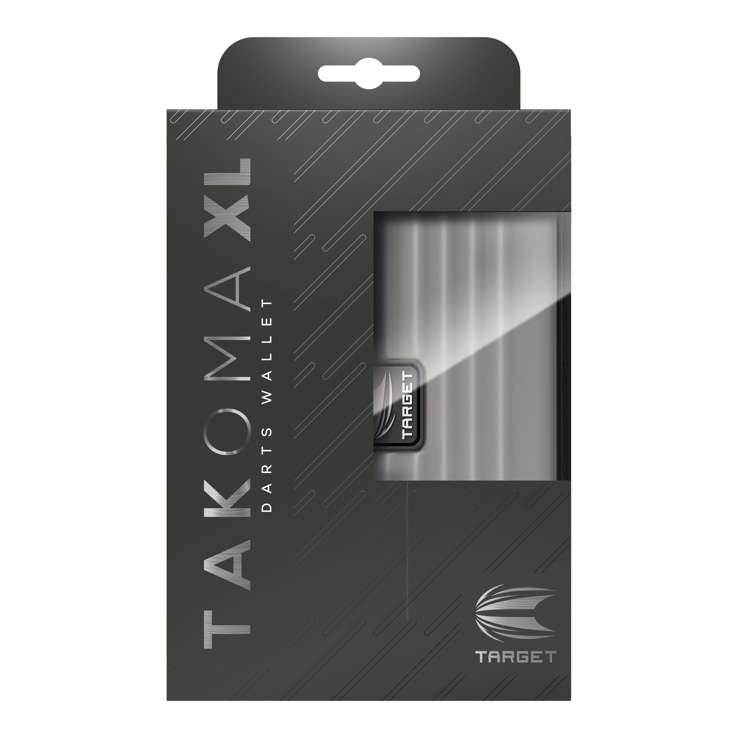 Cartera de dardos Target Takoma XL Die Abbildung zeigt eine Verpackung für ein Dart-Etui mit der Aufschrift "TAKOMA XL DARTS WALLET". Die Verpackung ist grau und bietet durch ein Sichtfenster einen Blick auf das darin enthaltene Etui.