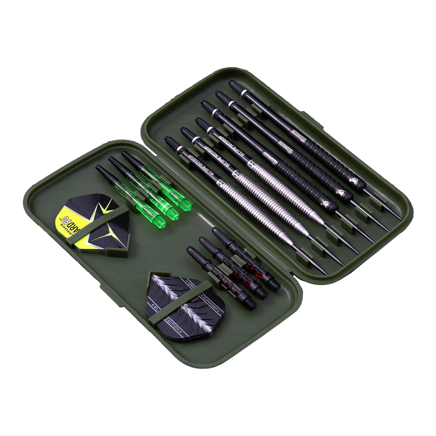 Estuche para dardos Harrows Slimcase In diesem Bild ist ein offenes Dartcase mit mehreren Darts und Zubehör zu sehen. Das Etui enthält Dartpfeile, Flights und Ersatzschäfte in einer geordneten Anordnung.