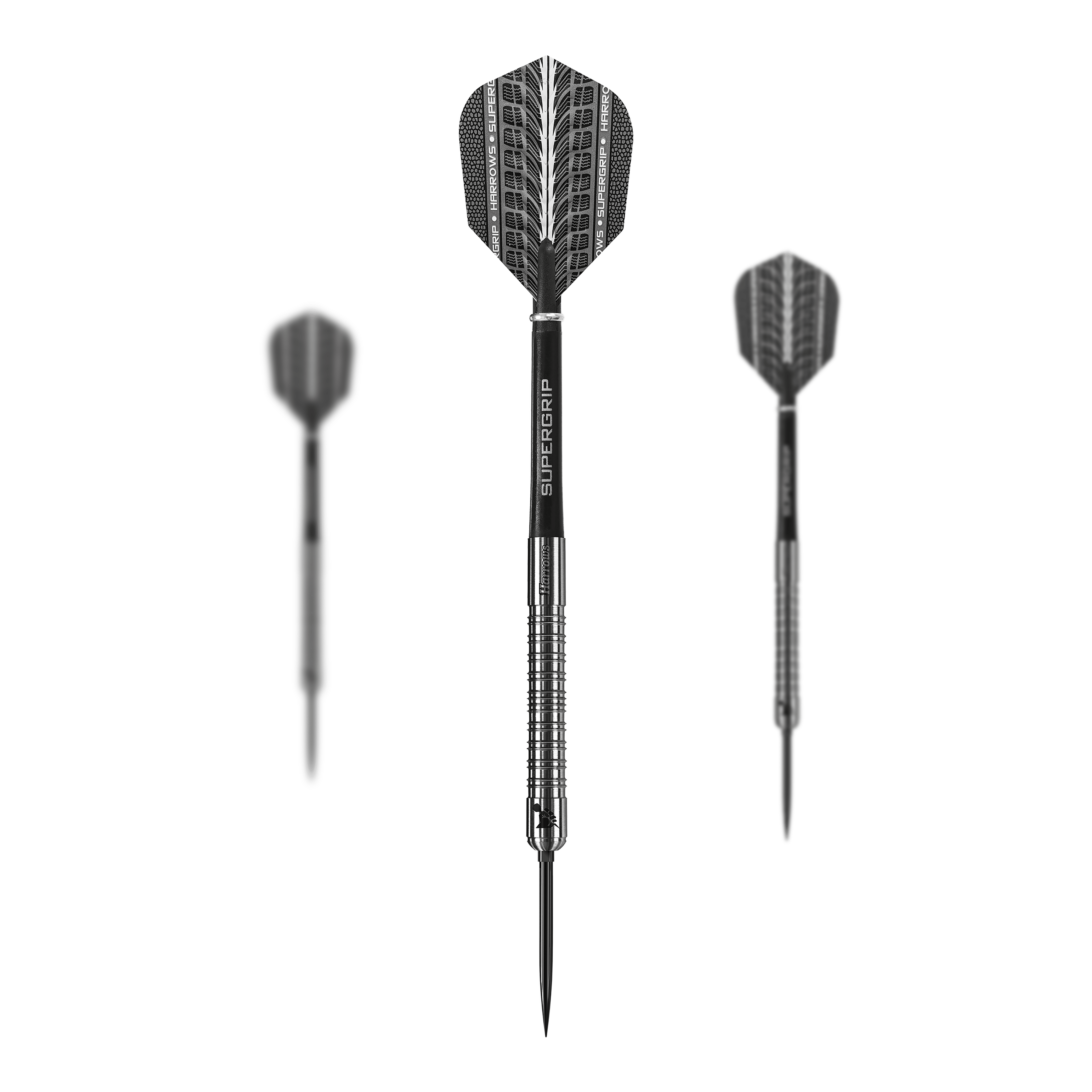 Dardos de acero Harrows Supergrip 90 Quick Point Die Harrows Supergrip 90 Quick Point Steeldarts sind als Set abgebildet. Das Set enthält mehrere Dartpfeile auf weißem Hintergrund.