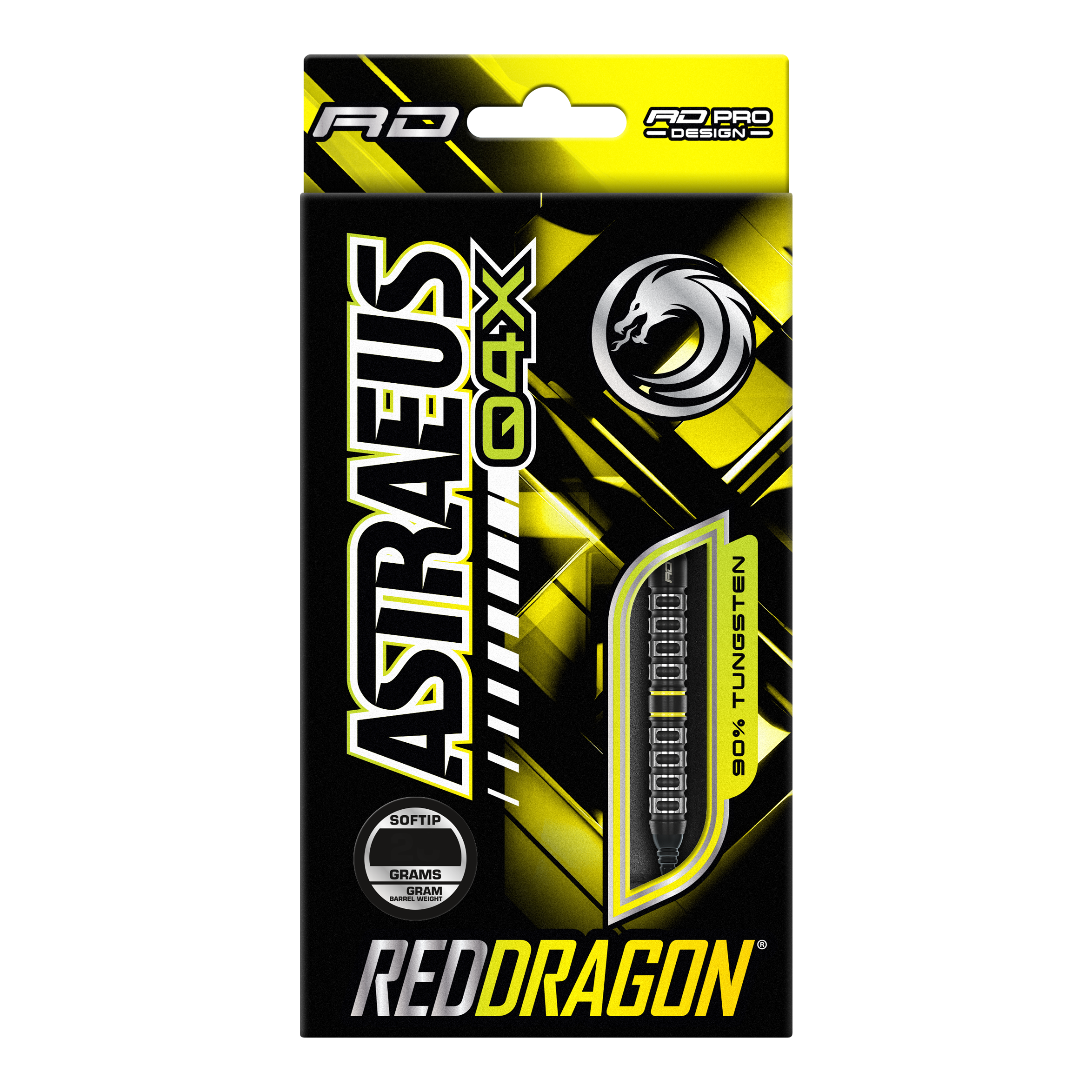 Dardos blandos paralelos Red Dragon Astraeus Q4X - 20 g Die Verpackung zeigt die Softdarts "Red Dragon Astraeus Q4X Parallel" mit einem Gewicht von 20 Gramm. Das Design ist hauptsächlich in Schwarz und Gelb gehalten und hebt hervor, dass die Darts zu 90% aus Tungsten bestehen.