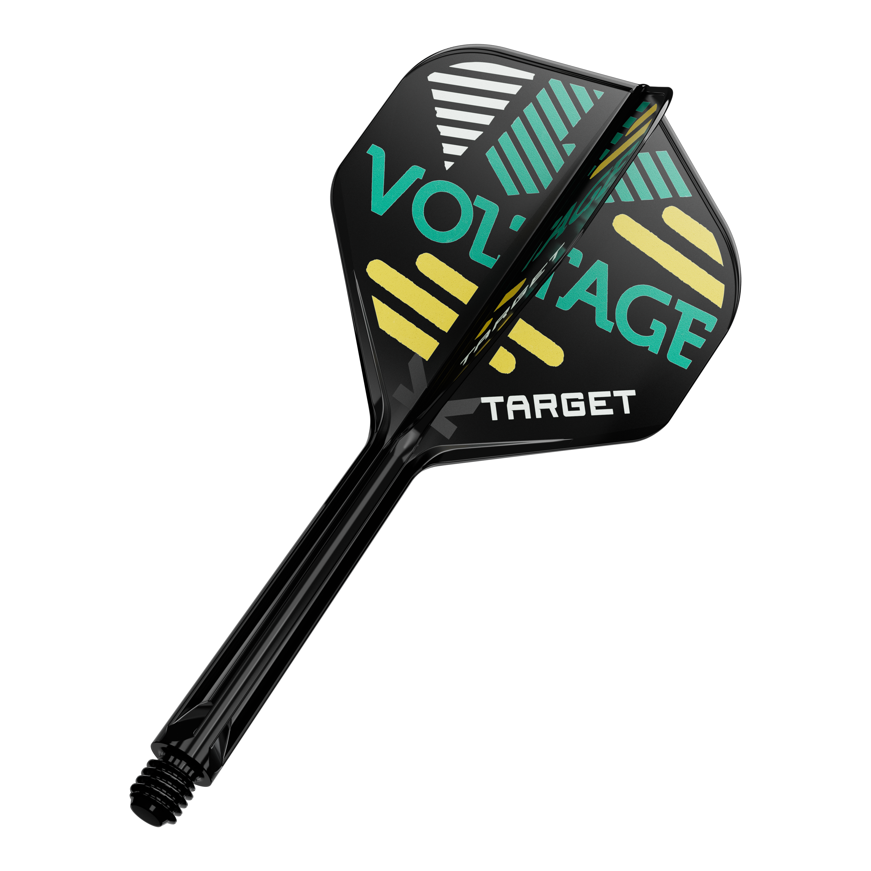 Sistema de eje de vuelo estándar Target K-Flex Rob Cross No2 Dieses Bild zeigt eine schwarze Dartflügel- und Schaftkombination. Auf dem Dartflügel stehen die Wörter "VOLTAGE" und "TARGET" in bunten Farben.