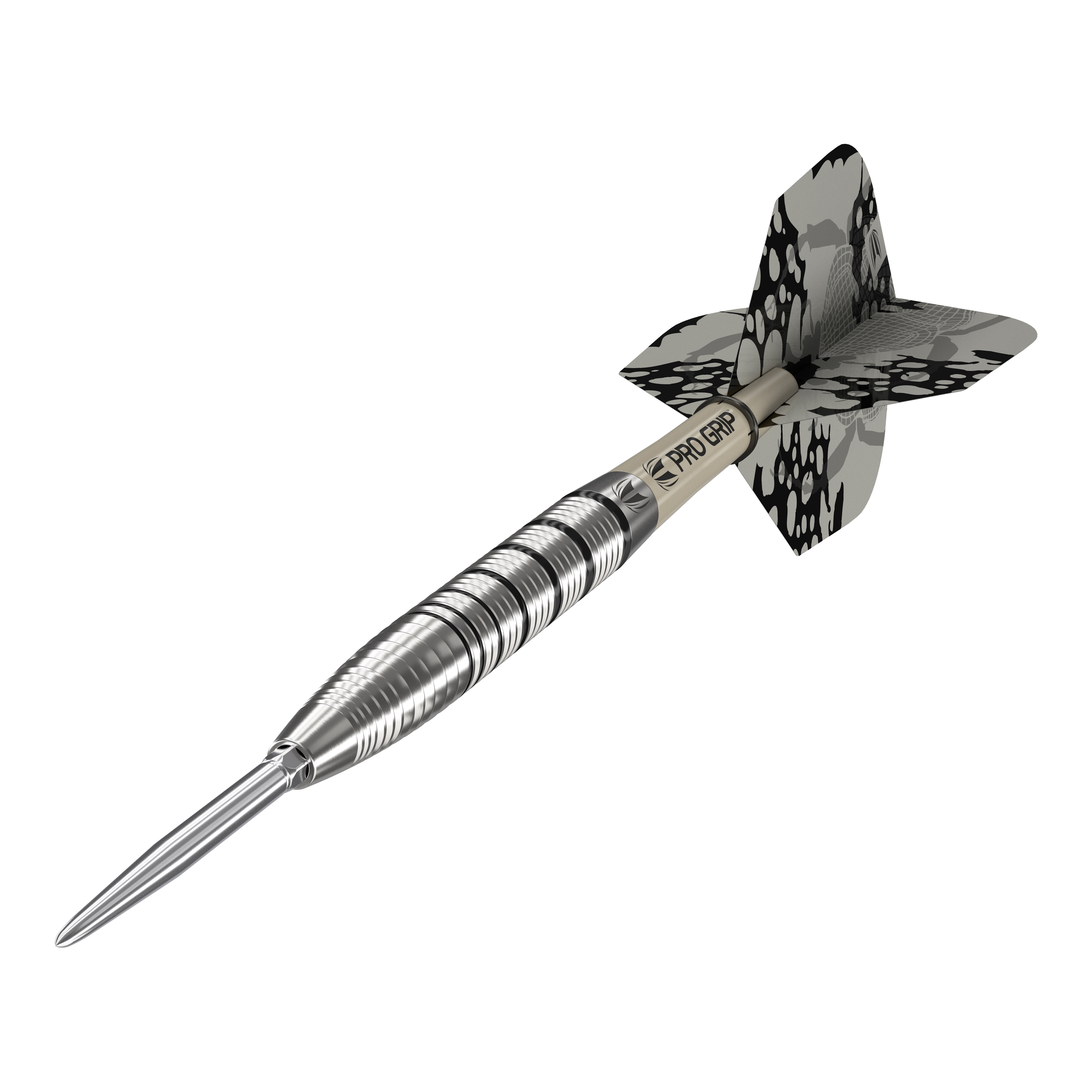 Dardos de acero Target EXO SP02 Swiss Point Das Bild zeigt den Target EXO SP02 Swiss Point Steeldart. Der Dart hat ein silbernes Griffstück mit schwarzen Akzenten und eine schwarz-gemusterte Flight.