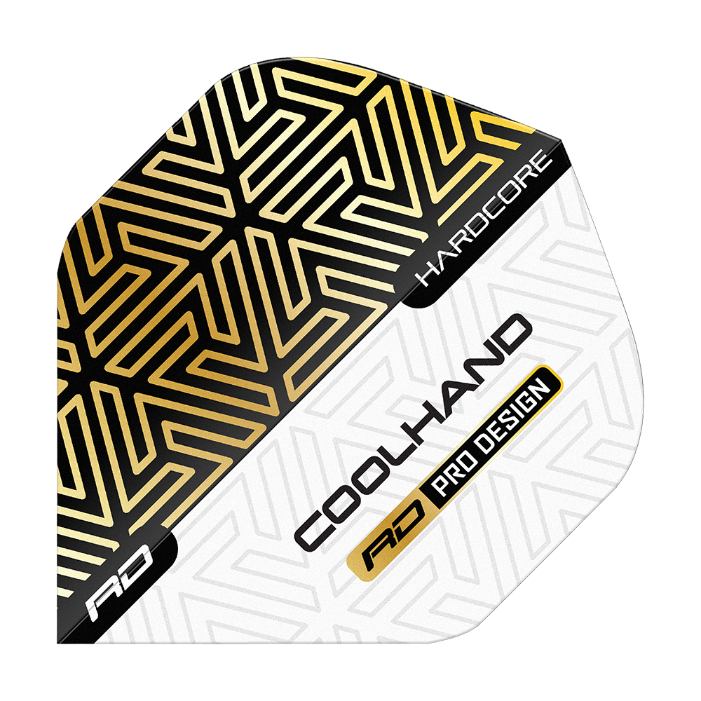 Vuelos estándar premium Red Dragon Hardcore Luke Humphries Gold White Das Bild zeigt einen Dartflight mit gold-schwarzem und weißem geometrischen Muster. Auf dem Flight stehen die Worte "HARDCORE", "COOLHAND" und "RD PRO DESIGN".