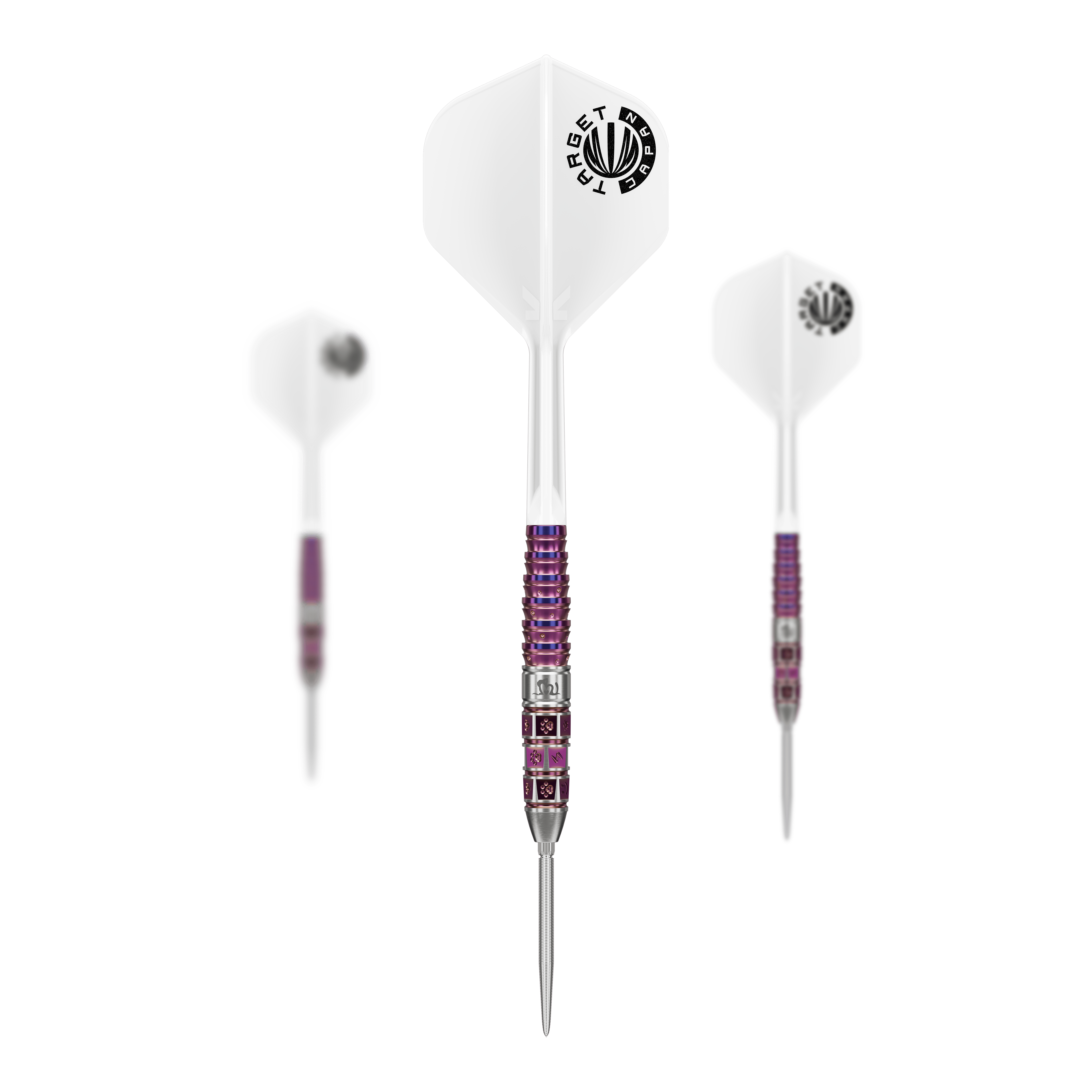 Dardos de acero con punta suiza Mayo GEN8 de la serie Prime de Target Japan Abgebildet ist das Target Japan Prime Series Mayo GEN8 Swiss Point Steeldarts Set. Die Anordnung der Darts ist deutlich.