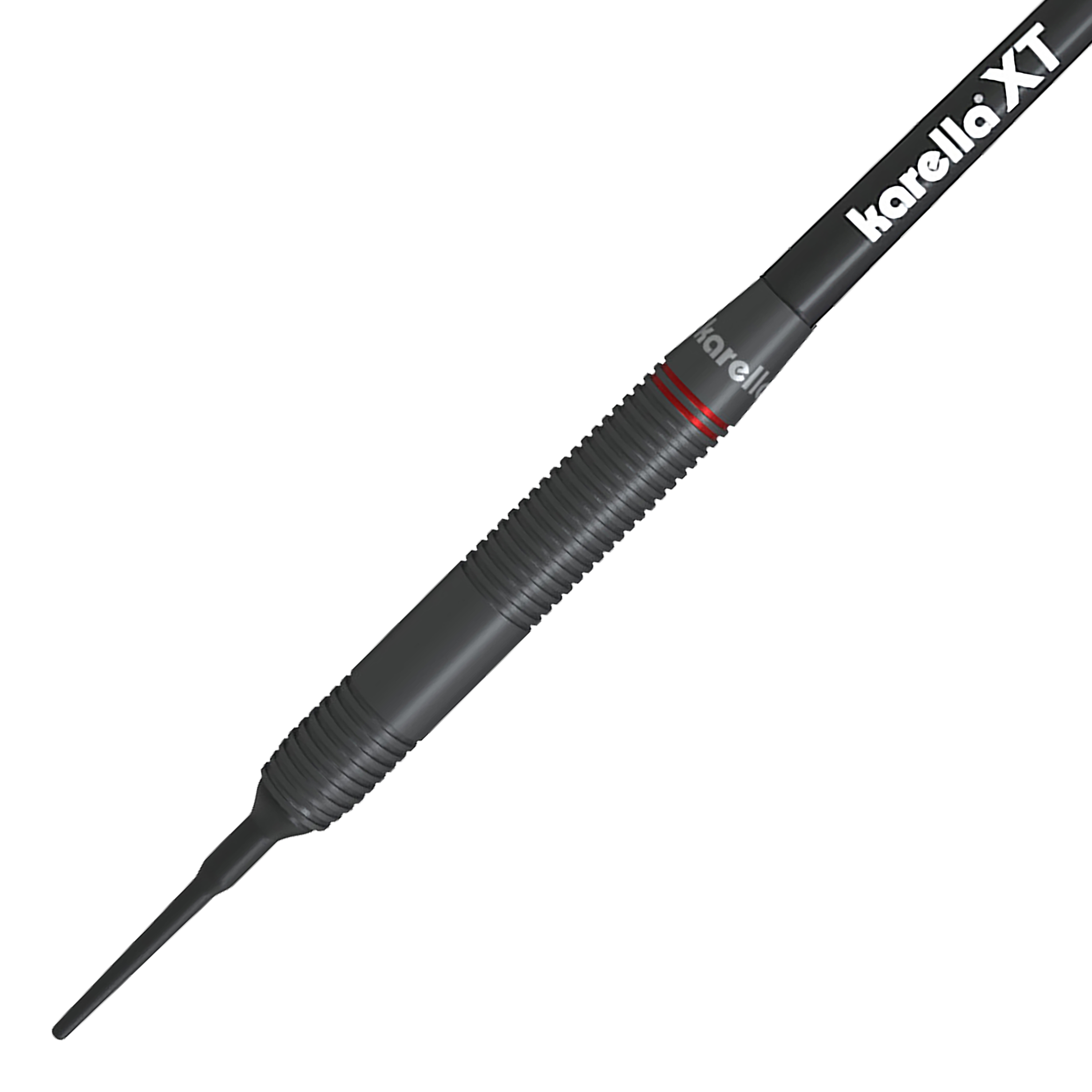 Karella Daniel Klose dardos suaves Das Bild zeigt einen Karella Daniel Klose Softdartpfeil. Der Dart ist hauptsächlich schwarz mit feinen Rillen und einem weißen "karella XT" Schriftzug.