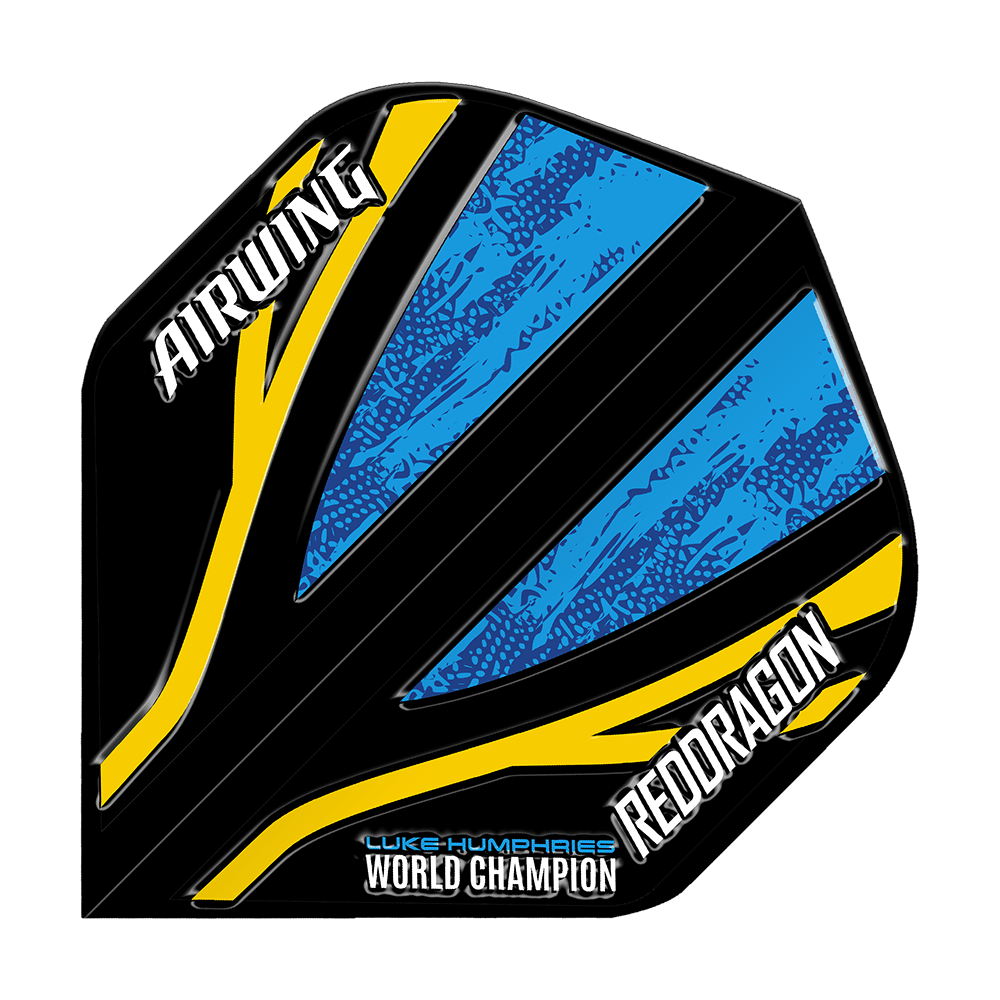 Ala Aérea Red Dragon Luke Humphries Campeón Mundial Vuelos Estándar Azul Negro Das Bild zeigt ein Dart-Flight mit schwarzem, blauem und gelbem Design. Auf dem Flight stehen die Wörter "AIRWING", "REDDRAGON" und "LUKE HUMPHRIES WORLD CHAMPION".