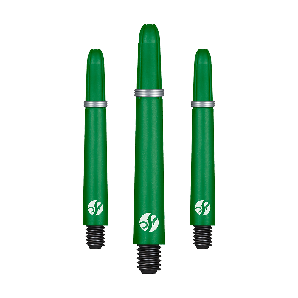 Flechas de carbono Shot Koi - Verde Das Bild zeigt Dart-Schäfte mit mattem Farbton und langer Form. Die Schäfte sind in einer Verpackung angeordnet.