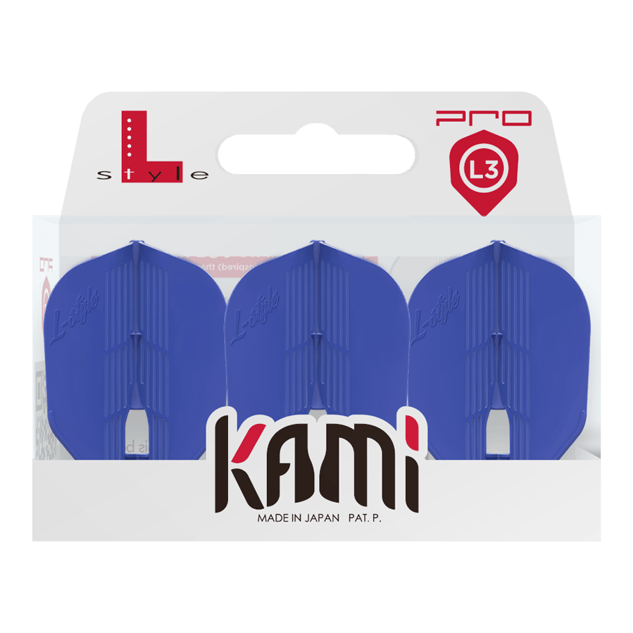 Vuelos KAMI L3PRO estilo L Das Bild zeigt eine Verpackung mit drei blauen Dart-Flights der Marke L-Style. Auf der Verpackung steht "kami" und "Made in Japan".