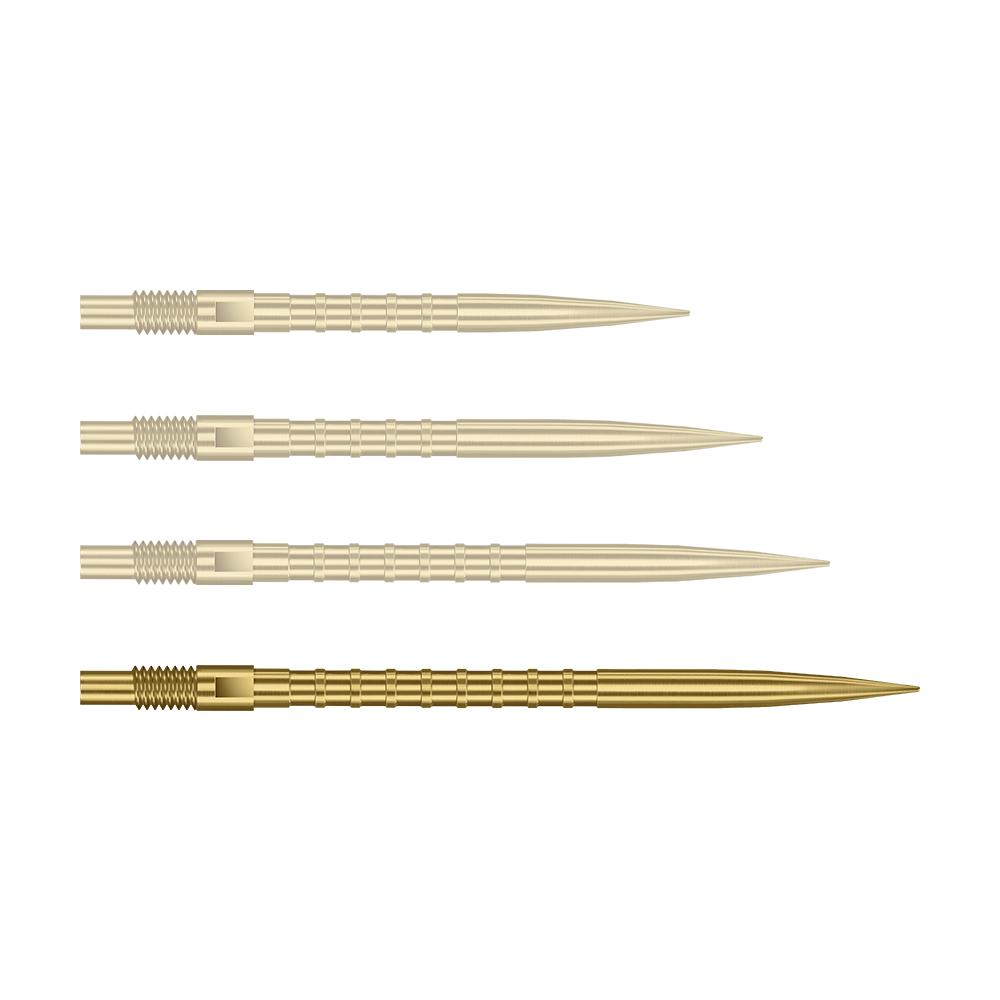 Puntas de dardos Harrows Quick Point Heavy Metal - Doradas Auf dem Bild ist eine einzelne Harrows Quick Point Heavy Metal Grip Dartspitze in Gold, 40 mm, zu sehen. Die Spitze liegt im Fokus vor hellem Hintergrund.