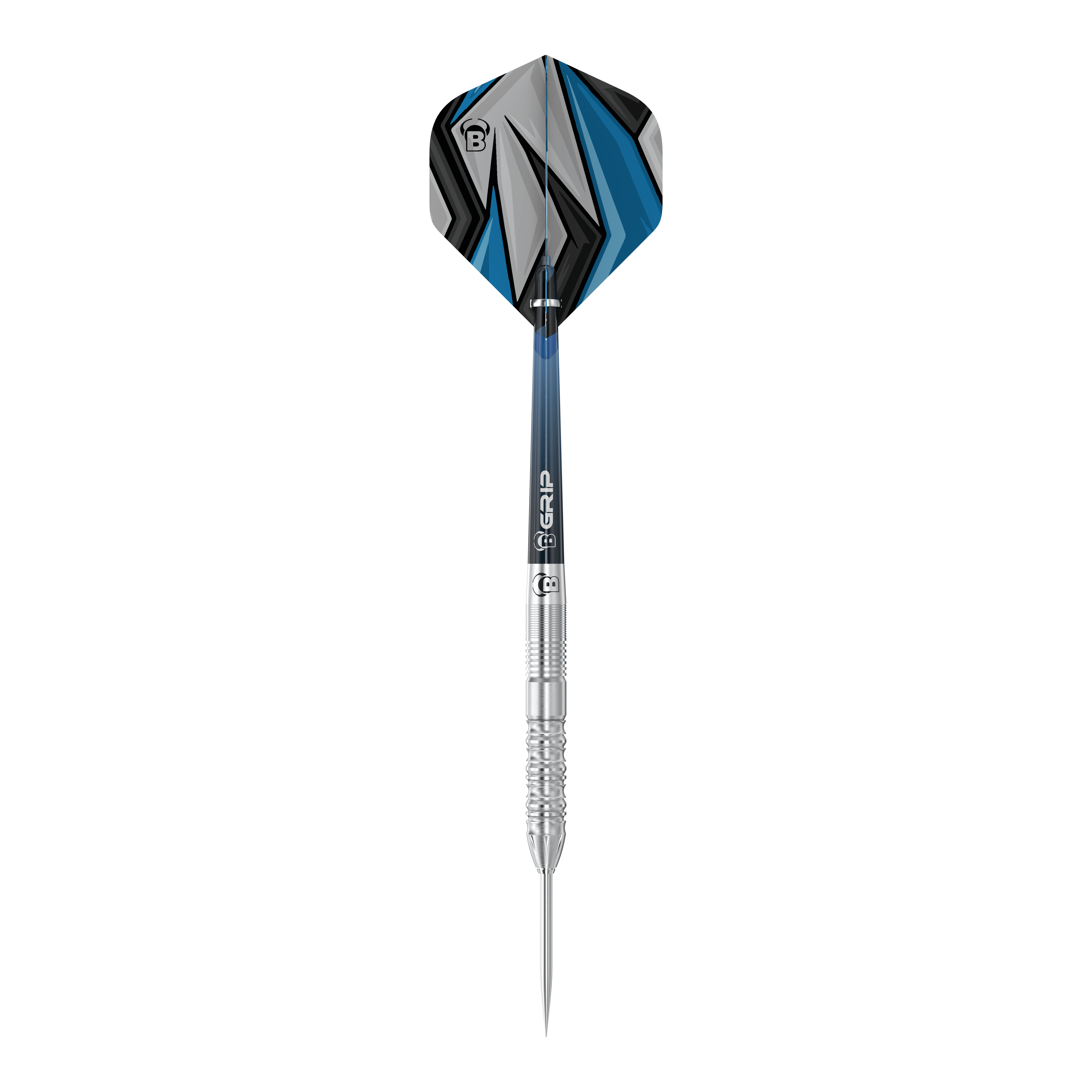 Dardos de acero Bulls Stone S2 Das Bild zeigt einen Bulls Stone S2 Steeldart mit silbernem Schaft und spitzer Metallspitze. Die Flights sind in Blau, Schwarz und Grau mit einem modernen, geometrischen Muster gestaltet.