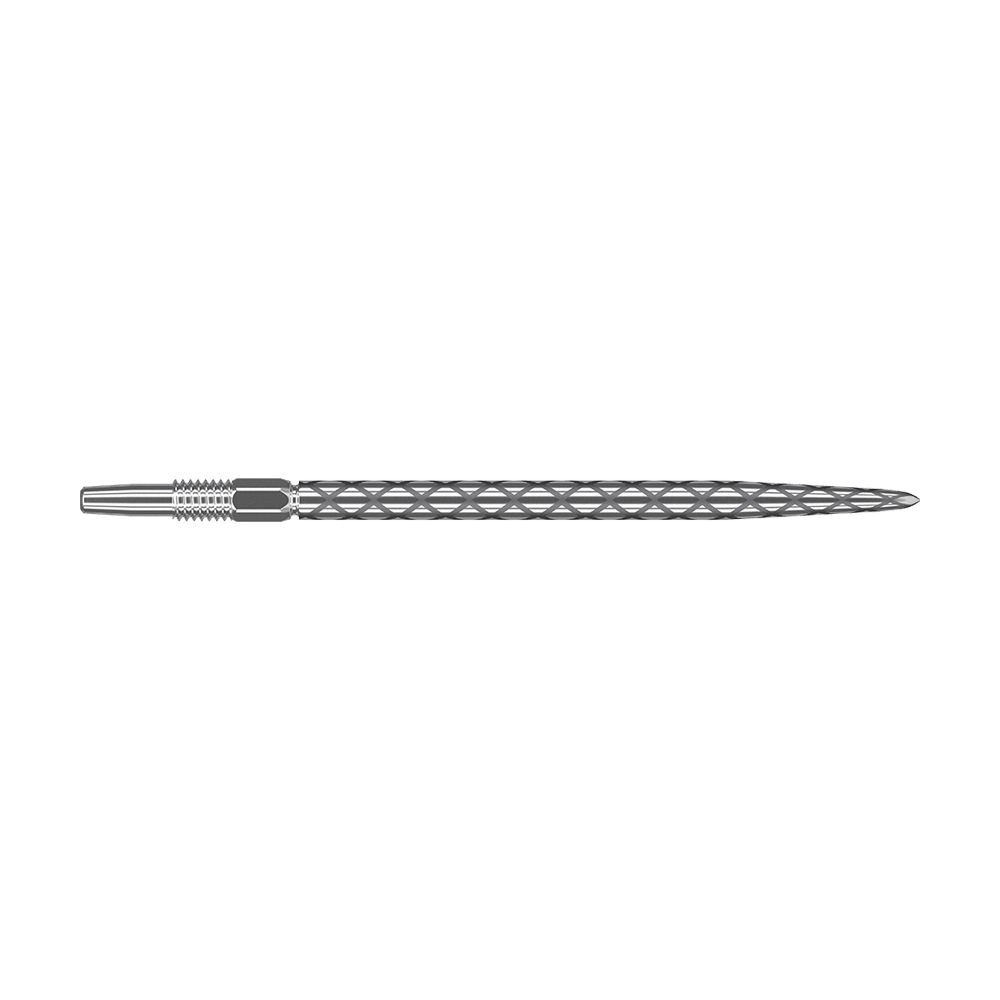 Puntas de dardos Target Swiss Diamond Pro Silver Points Das Bild zeigt eine silberne Dartspitze mit einem rautenförmigen Muster auf der Oberfläche. Sie ist lang und schmal gestaltet und besitzt ein Schraubgewinde am hinteren Ende.