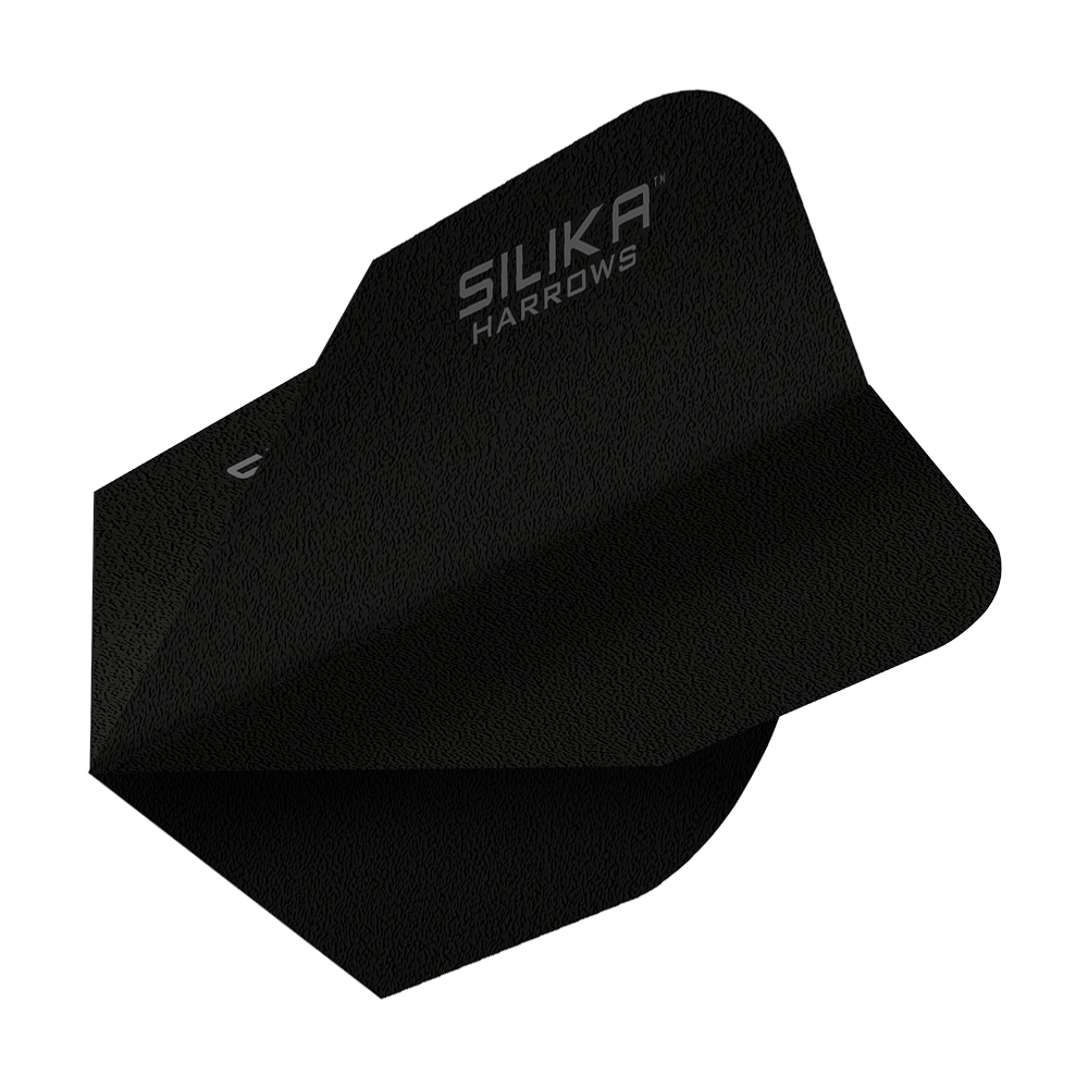 Vuelo negro No6 con revestimiento cristalino resistente sólido de sílice de Harrows Das Bild zeigt ein schwarzes Dartflight mit der Aufschrift "SILIKA HARROWS". Es handelt sich um das Modell "Harrows Silika Solid Tough Crystalline Coating Black No6 Flight".