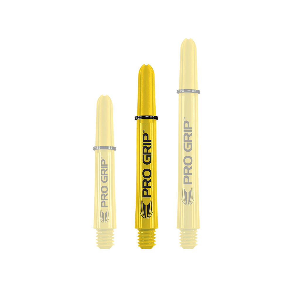 Varillas Target Pro Grip - 3 juegos - Amarillo Auf dem Bild sind drei gelbe Dart-Schäfte der Marke "Pro Grip" in verschiedenen Längen zu sehen. Sie stehen aufrecht nebeneinander vor weißem Hintergrund.