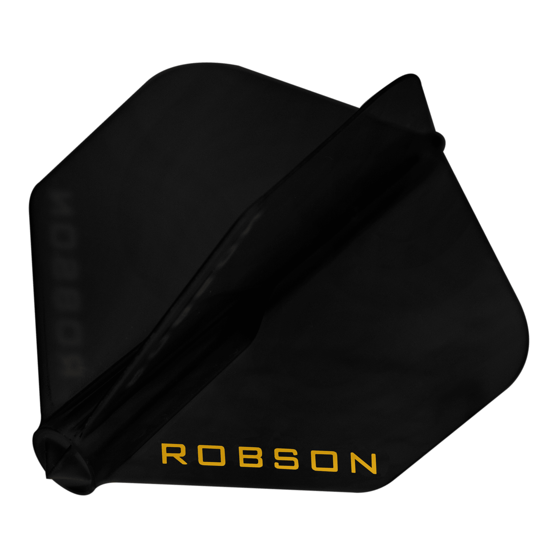 Robson Plus Vuelos - NO6 Das Bild zeigt einen schwarzen Dartflug. Auf dem Flug steht in gelber Schrift das Wort "ROBSON".