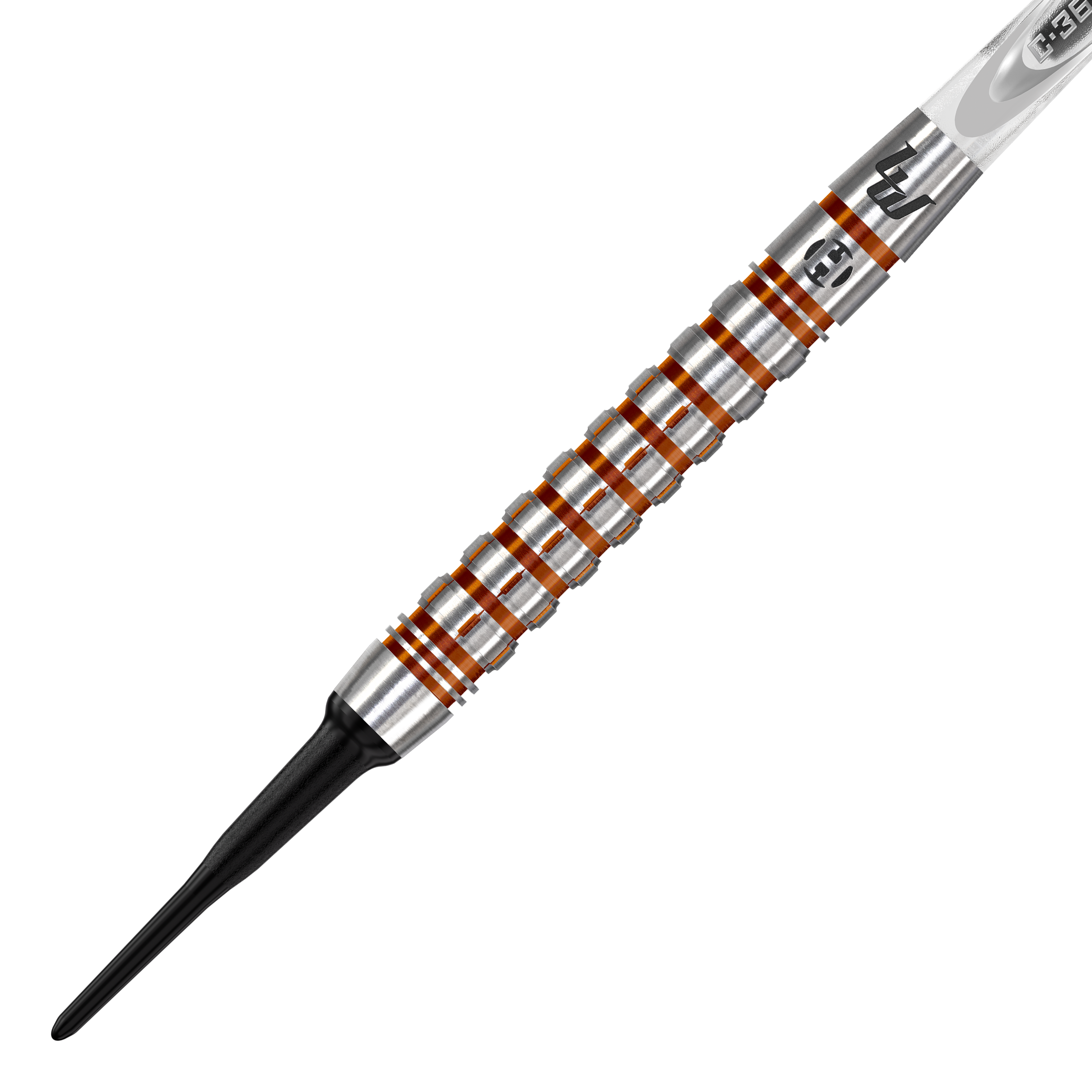 Dardos suaves Harrow's Luke Woodhouse Serie 2 - 18 g Das Bild zeigt einen Harrows Luke Woodhouse Series 2 Softdart mit einem Gewicht von 18g. Der Dart hat einen silbernen Griff mit auffälligen orangefarbenen Ringen und einer schwarzen Kunststoffspitze.
