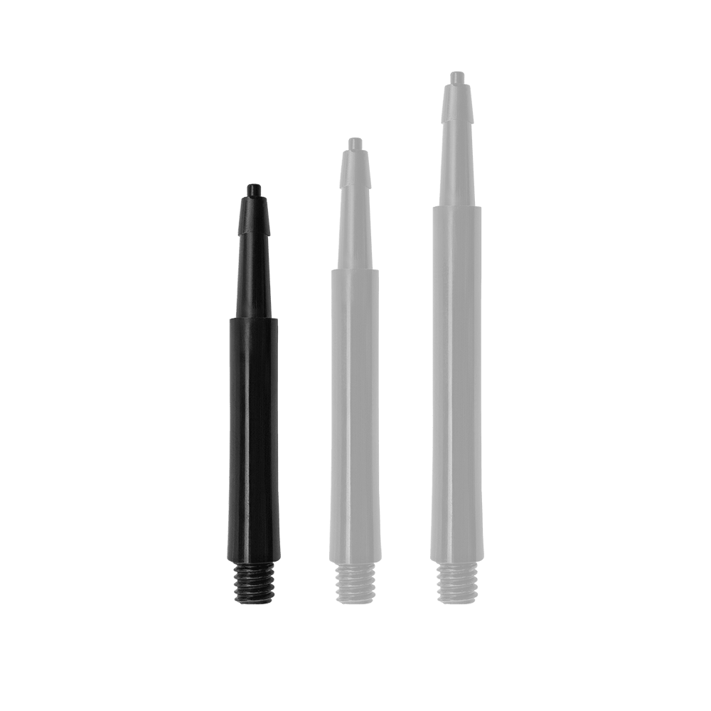 HRC12633_Harrows_Clic_Standard_Shafts_Schwarz_23mm_1DyyczFooaDhYX Das Bild zeigt drei schwarze Harrows Clic Standard Shafts in unterschiedlichen Längen. Sie werden als Zubehörteile für Dartpfeile verwendet.