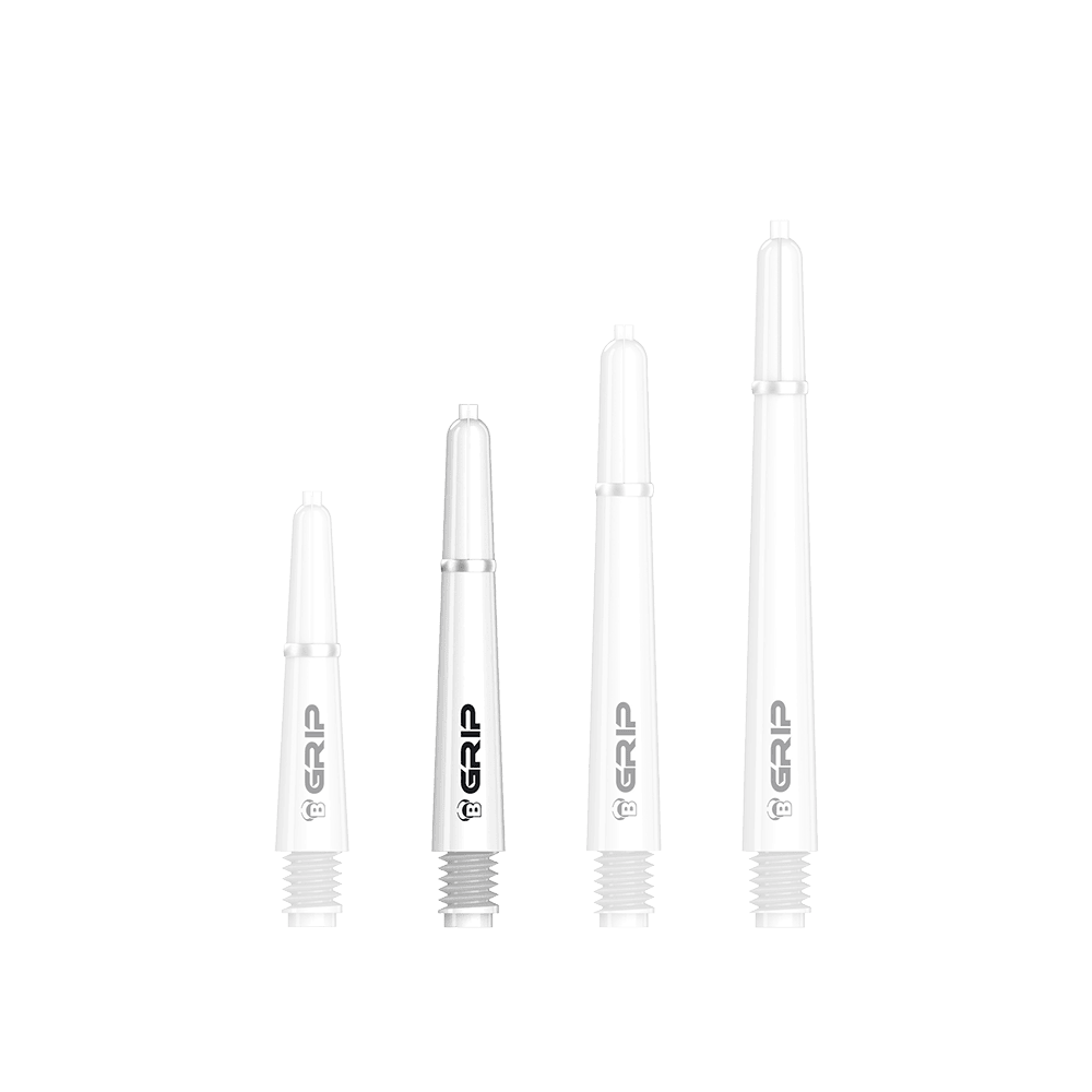 BS55079_Bulls_B-Grip-2_SL_Shafts_Weiss_35mm_1H52h38m0bHQ4Z Das Bild zeigt vier weiße Bulls B-Grip-2 SL Shafts in unterschiedlichen Längen. Die Shafts sind mit dem schwarzen Schriftzug "GRIP" bedruckt.