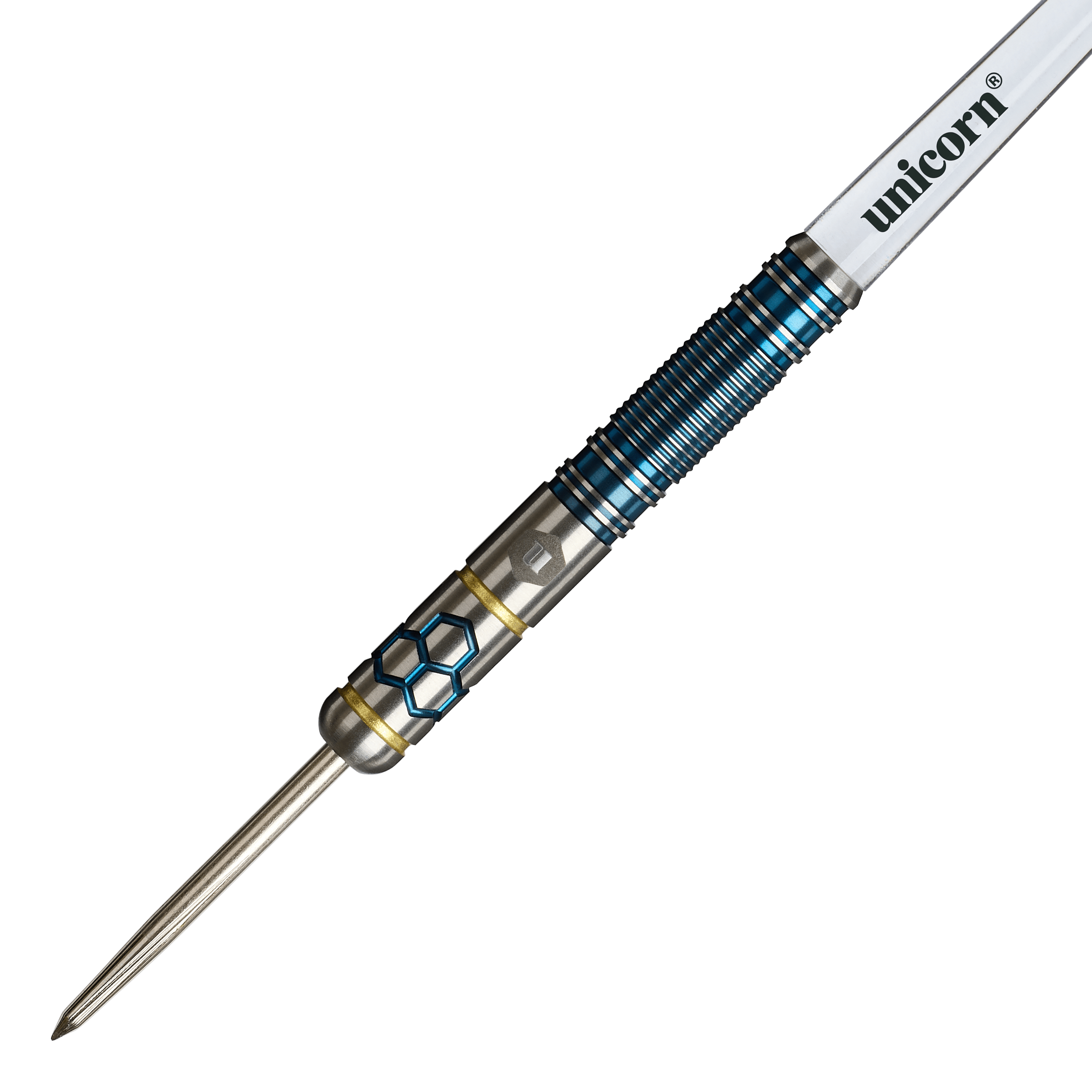 Hier sind die Unicorn Hexium Style 02 Blue & Gold Steeldarts zu sehen. Das Produkt überzeugt durch sein modernes Design.