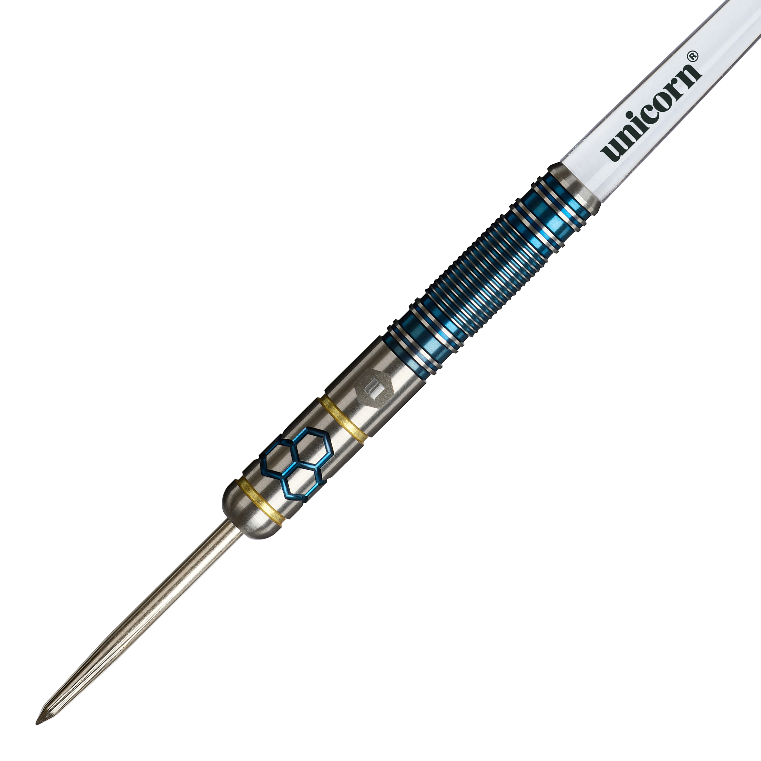 Dardos de acero Unicorn Hexium Style 02 azules y dorados Hier sind die Unicorn Hexium Style 02 Blue & Gold Steeldarts zu sehen. Das Produkt überzeugt durch sein modernes Design.