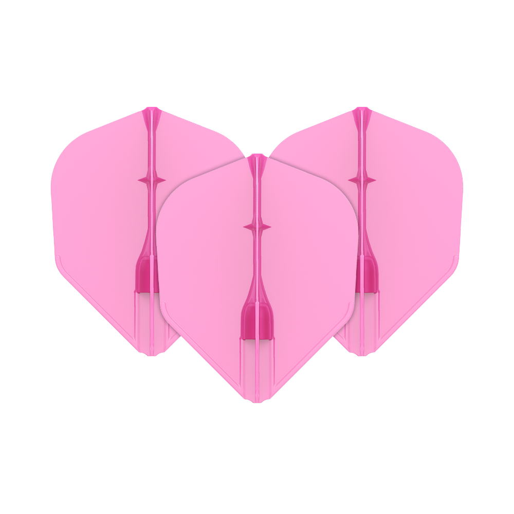 Vuelos L-L-Style3EZ Das Bild zeigt drei pinke Dartflights, die nebeneinander angeordnet sind. Sie haben eine standardisierte, rautenähnliche Form und sind einheitlich gefärbt.
