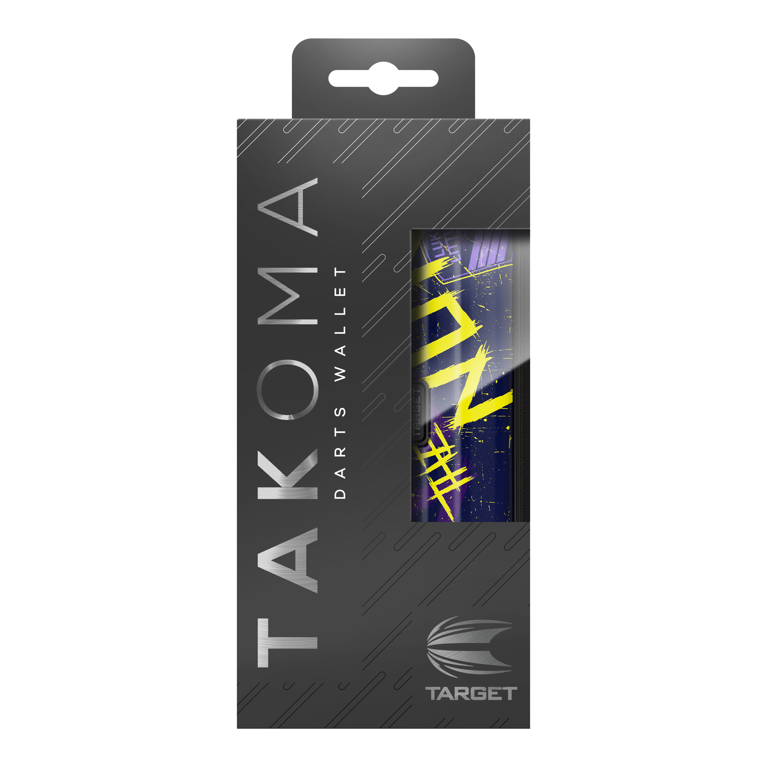 Estuche para dardos Target Takoma Luke Littler Die Abbildung zeigt die Verpackung des "Target Takoma Luke Littler Dartcase". Die Schachtel ist überwiegend schwarz mit silberner Schrift und einem Sichtfenster, das einen Teil des Dartcase-Designs zeigt.