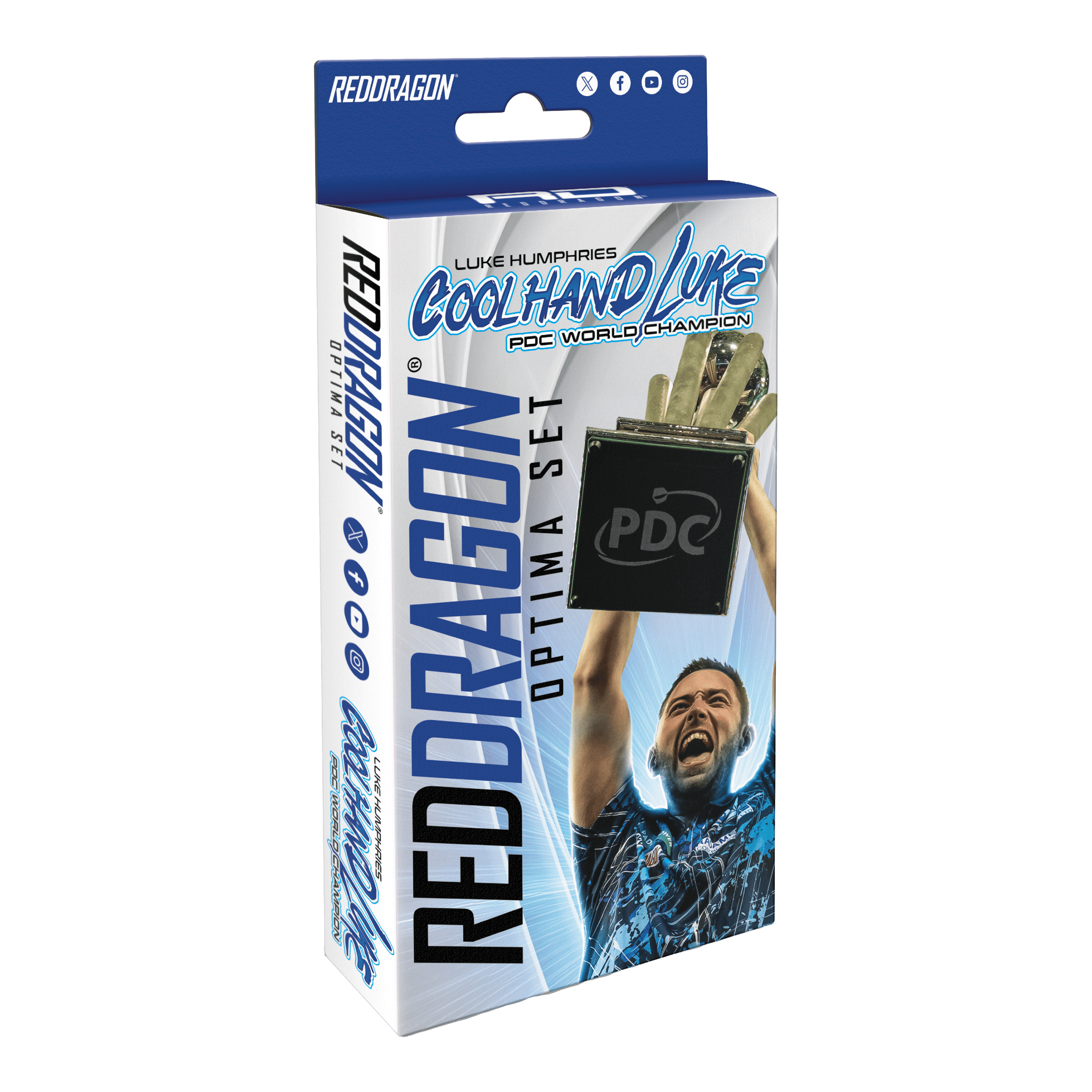 Paquete de accesorios Optima de Luke Humphries del Red Dragon Die Verpackung zeigt das Produkt "Red Dragon Luke Humphries Optima Zubehör Pack". Auf der Vorderseite ist ein jubelnder Luke Humphries und ein Pokal abgebildet.