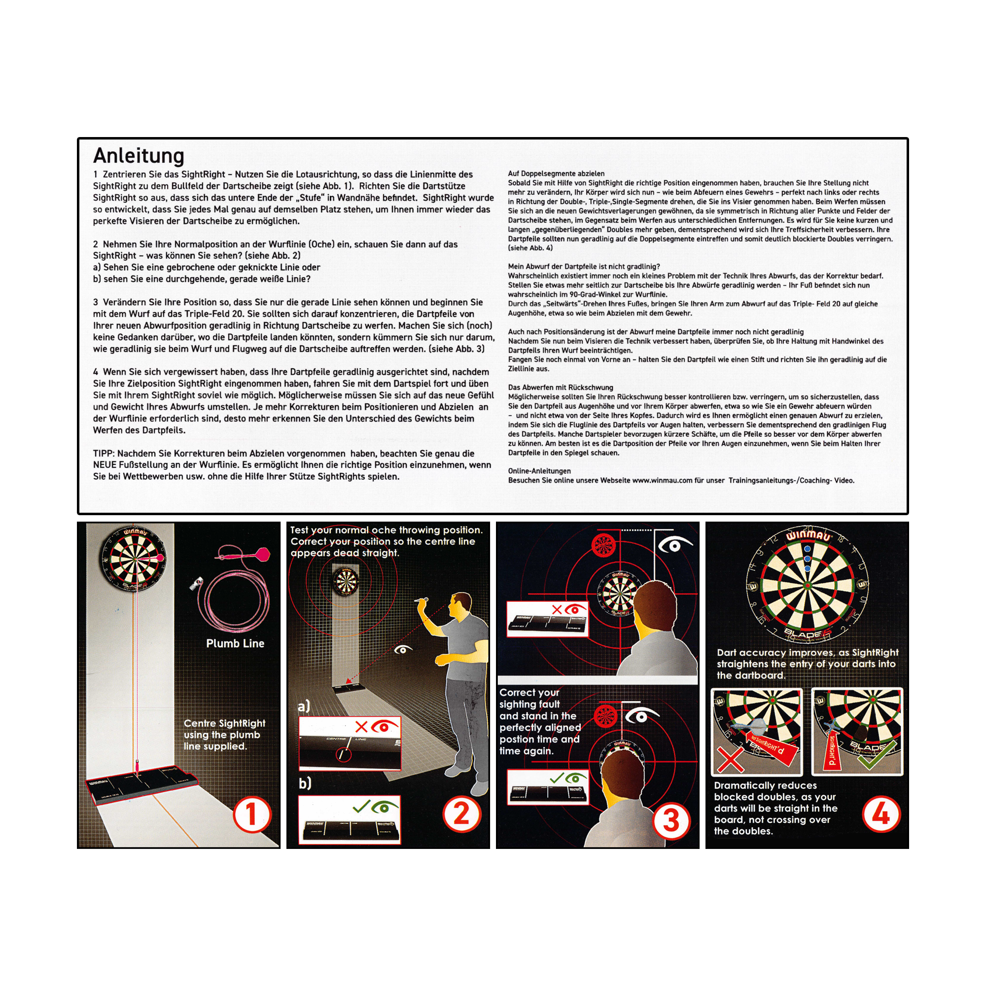 8207_Winmau_SightRight2_4 Das Bild zeigt die Anleitung und Anwendungshinweise für das Produkt "Winmau SightRight 2" zum Dartspielen. Es erklärt Schritt für Schritt, wie man seine Wurf-Position korrigiert, um eine genaue Ausrichtung auf das Dartboard zu erreichen.