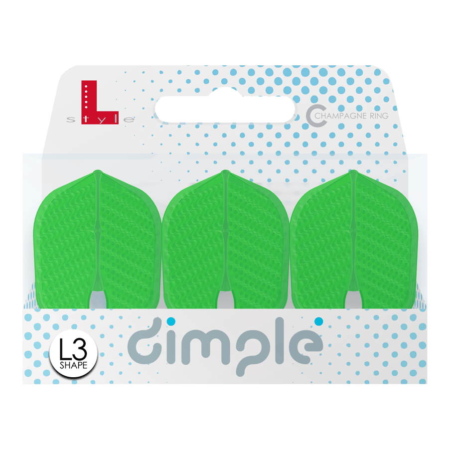 L-Style Flights Dimple Champagne L3PRO Shape Die Abbildung zeigt eine Packung mit drei grünen Dart-Flights der Marke "L-Style" im L3PRO Dimple Shape. Die Verpackung ist weiß mit blauen Punkten und der Aufschrift "dimple".