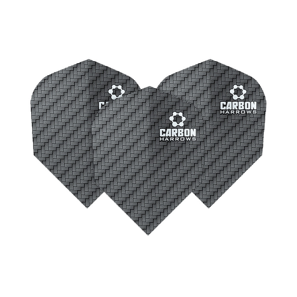 HR51_Harows_Carbon_No6_Flights_Grau_11lMcTDDdTAiPo Das Bild zeigt die Harrows Carbon Flights HR51 mit einem schwarzen Karbonmuster. Auf den Flights steht der Schriftzug „CARBON HARROWS“.