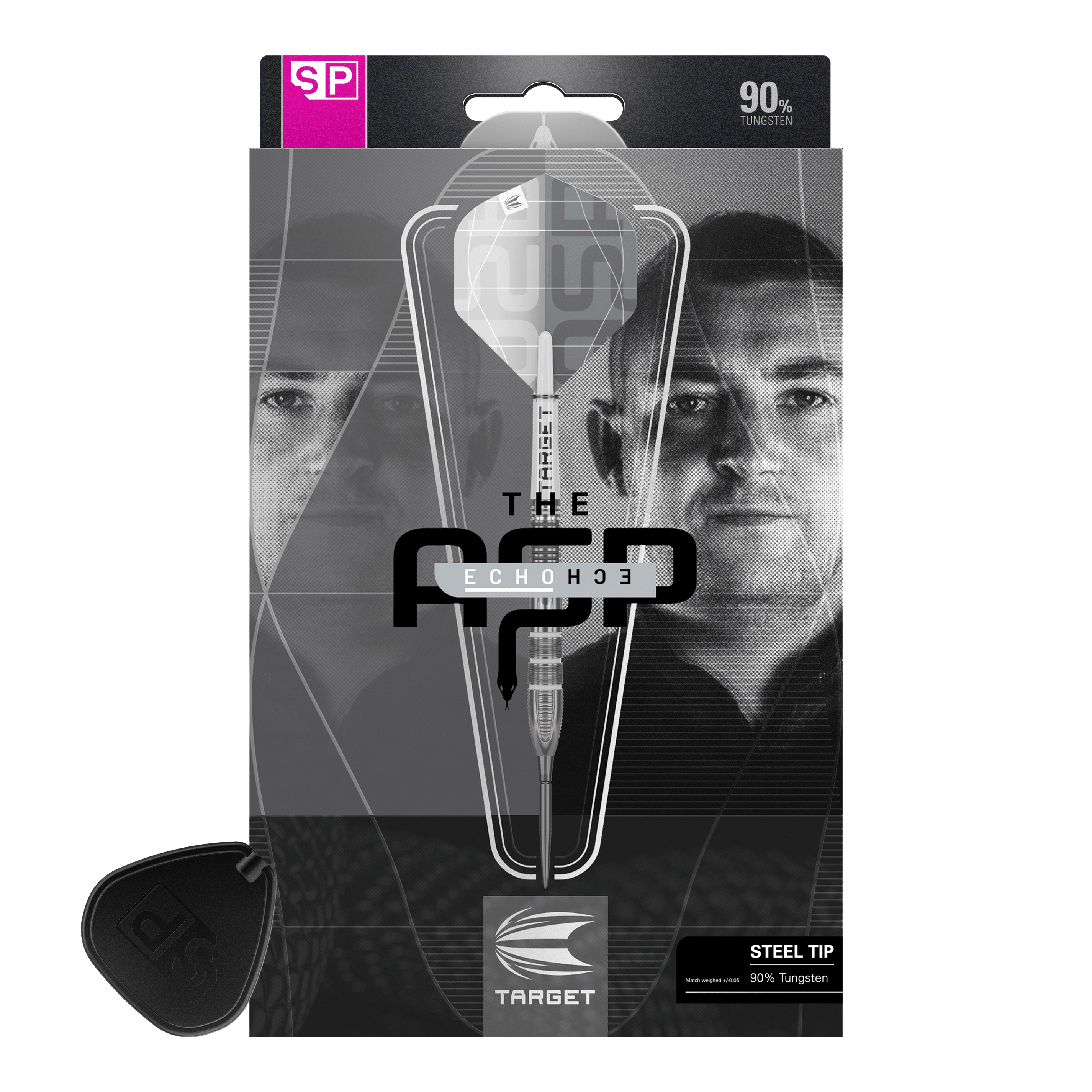 Dardos de acero Target Nathan Aspinall X Echo Swiss Point Die Verpackung zeigt die Target Nathan Aspinall X Echo Swiss Point Steeldarts. Auf der Vorderseite sind ein Dartpfeil und das Porträt eines Mannes zu sehen.