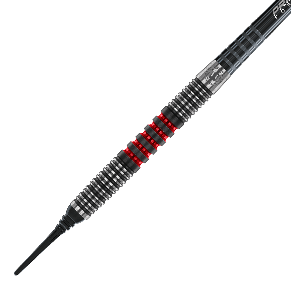 2443_Winmau_Joe_Cullen_90_Softdarts_2 Das Bild zeigt einen Winmau Joe Cullen Softdart. Der Dart hat ein schwarz-silbernes Design mit auffälligen roten Ringen in der Mitte.