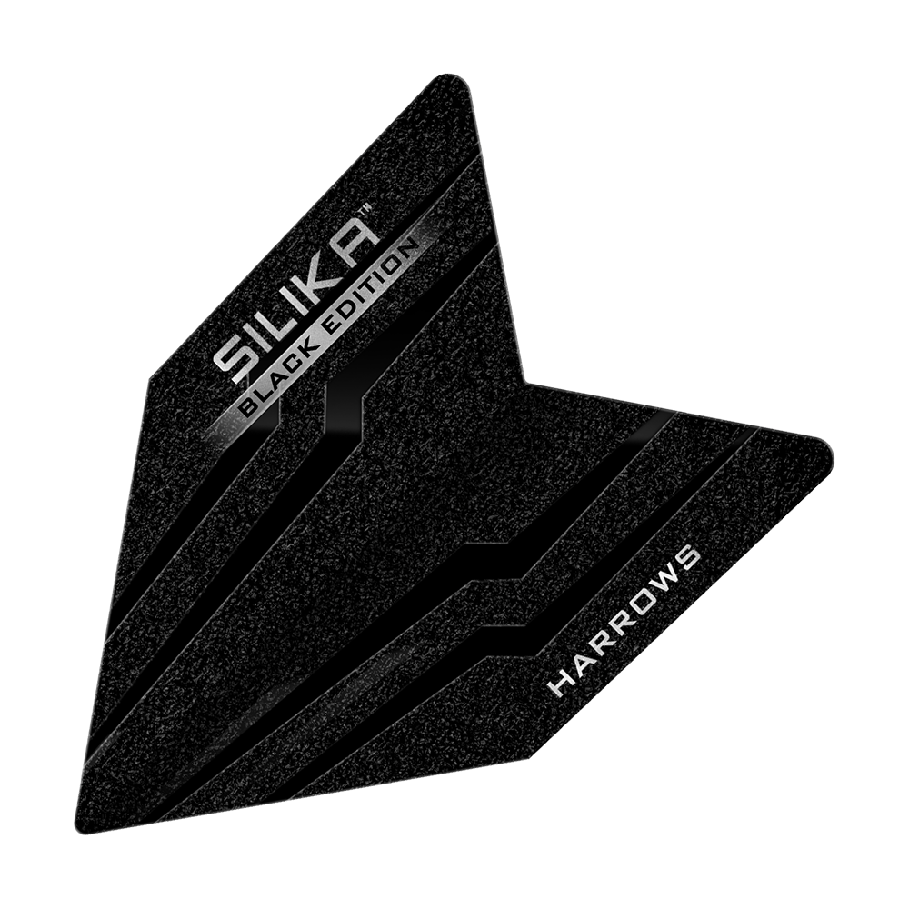 Vuelos Harrows Silika Black Edition Velos Das Bild zeigt ein schwarzes Dartflight mit dem Namen "Harrows Silika Black-Edition Velos Flights". Auf dem Flight stehen die Wörter "SILIKA BLACK EDITION" und "HARROWS" in weißen Buchstaben.