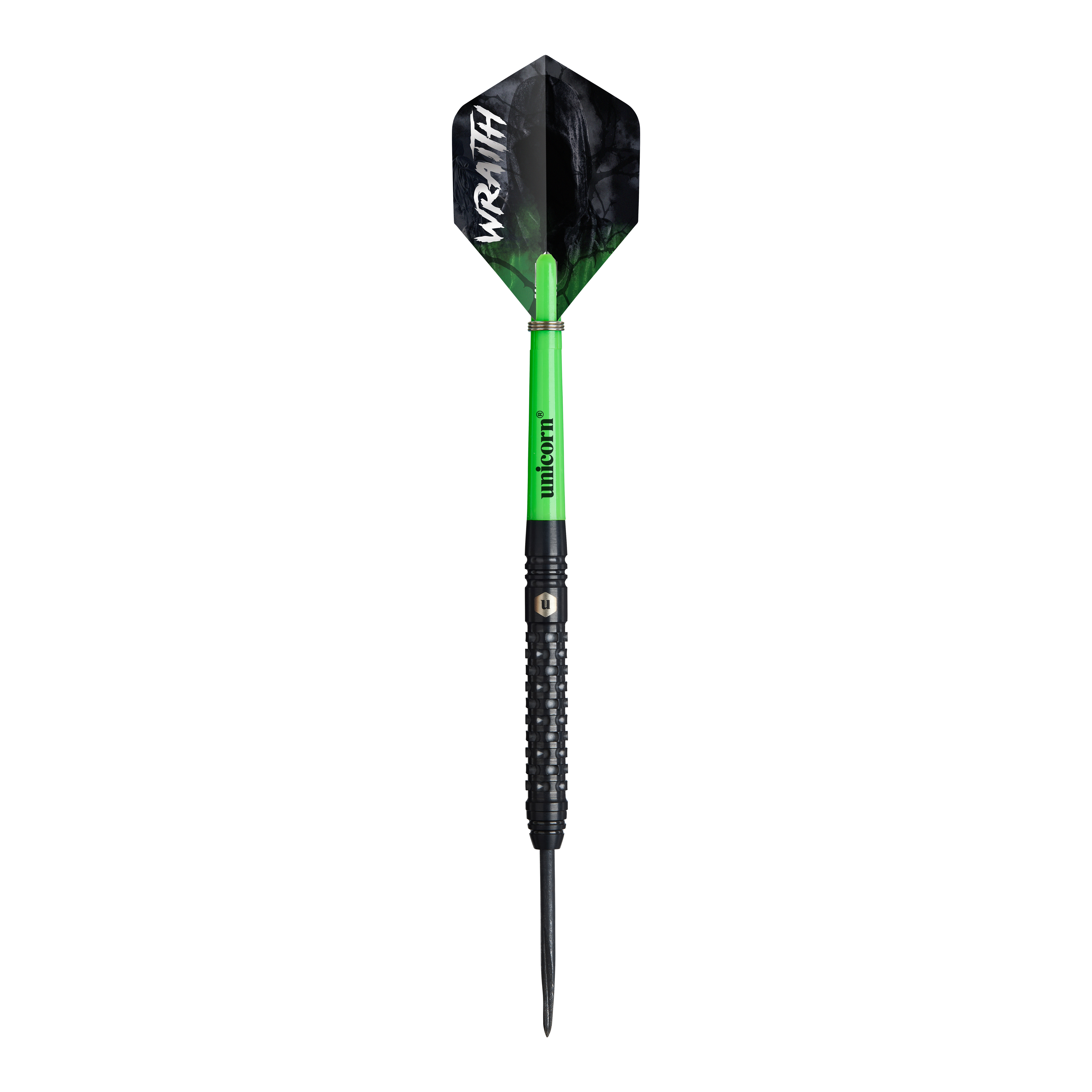 dardos de acero Unicorn Wraith Das Bild zeigt einen Steeldart namens "Unicorn Wraith". Der Dart hat einen grünen Schaft, einen schwarzen Griff und eine schwarze Flight mit der weißen Aufschrift „WRAITH“.
