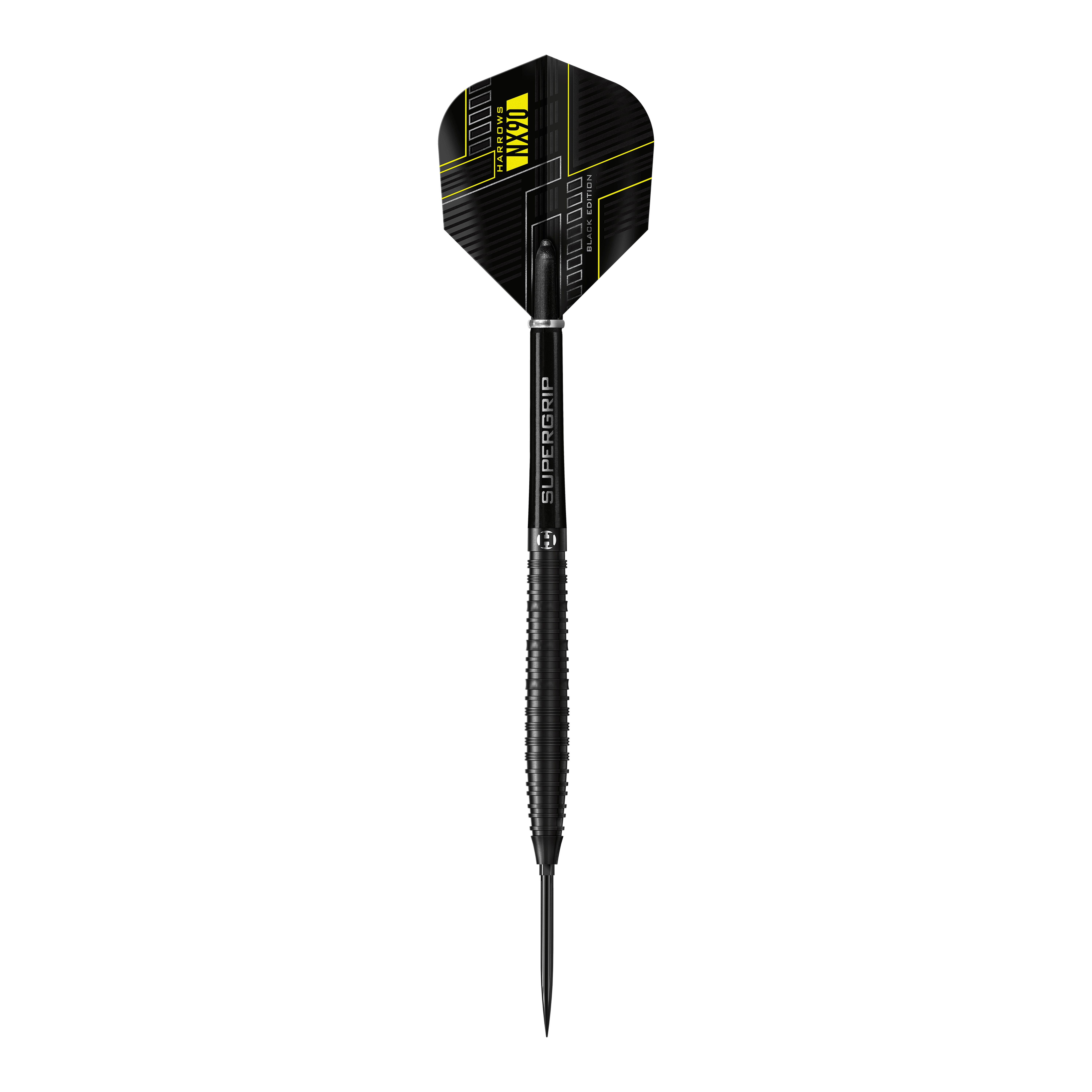 Dardos de acero de punta rápida cónica Harrows NX90 Black Edition Das Bild zeigt die Harrows NX90 Black Edition Tapered Quick Point Steeldarts. Abgebildet ist das Produkt aus nächster Nähe.