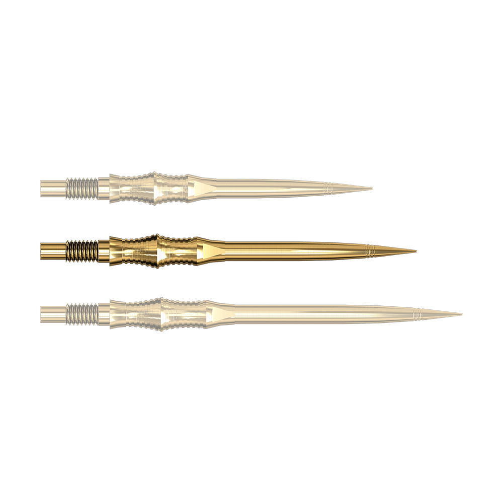 Harrows Quick Point Apex Spire Elite Series Dartspitzen - Gold Apex Spire Gold Elite Serie Dartspitzen in 35mm Ausführung sind abgebildet. Die Spitzen sind goldfarben.
