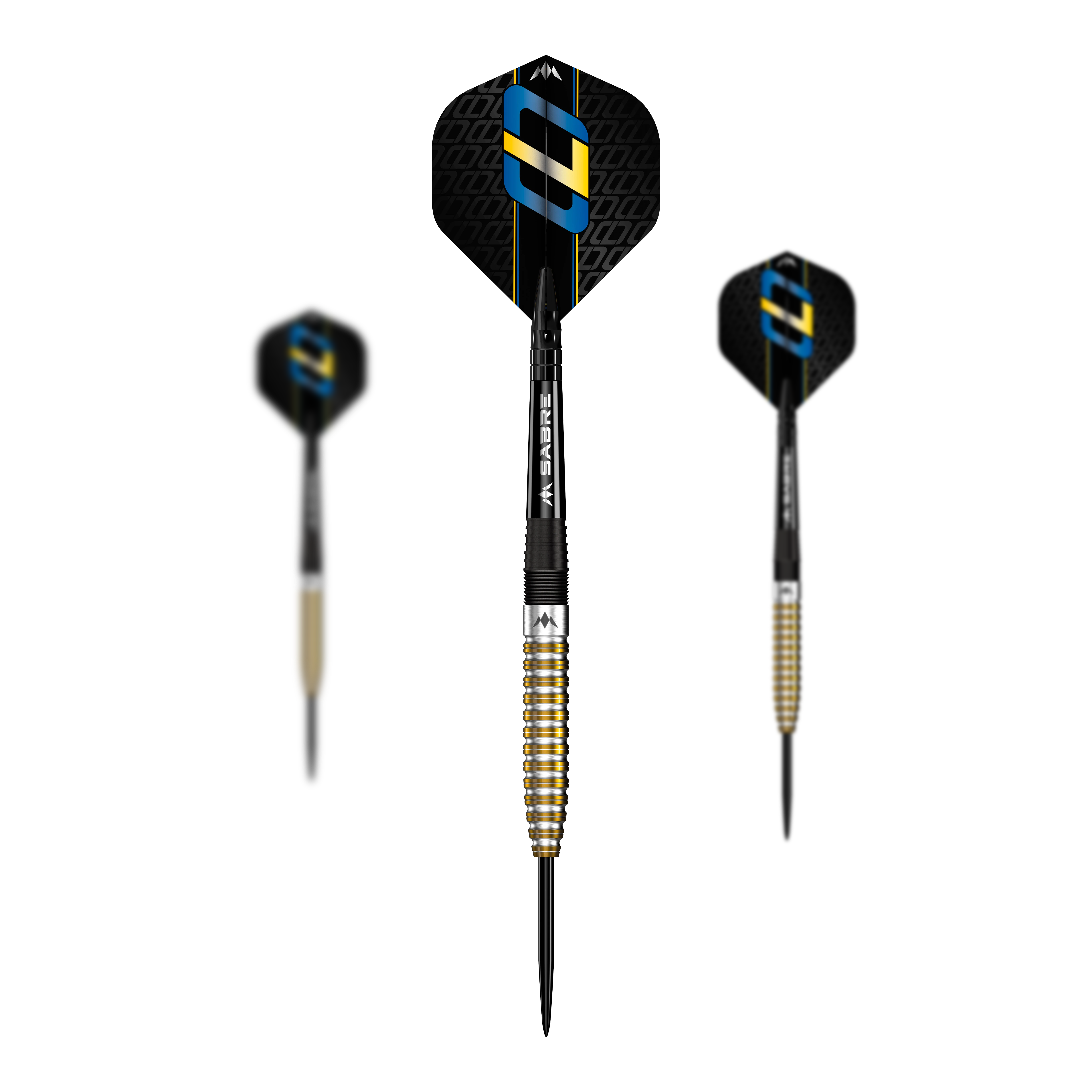 Dardos de acero Mission Oskar Lukasiak con PVD en oro negro - 22 g Das Bild zeigt drei Steeldarts des Modells "Mission Oskar Lukasiak Black Gold PVD" mit einem Gewicht von 22g. Die Darts haben ein schwarz-goldenes Design und auffällige Flights mit blauen und goldenen Akzenten.