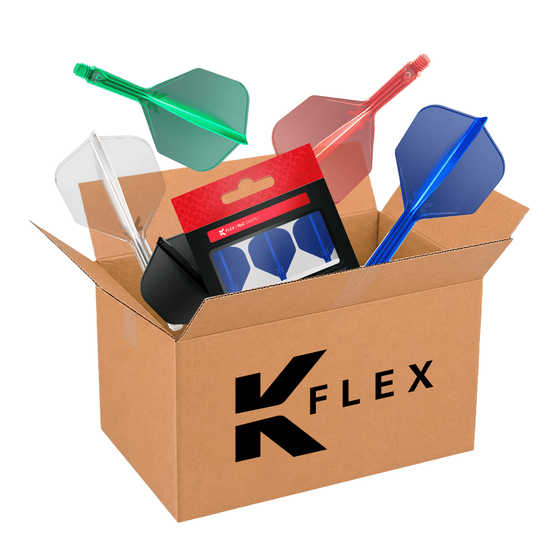 Caja Misteriosa de McDart - K-Flex Auf dem Bild ist die McDart Mystery-Box mit K-Flex-Zubehör zu sehen. Die Mystery-Box enthält verschiedene Überraschungsartikel für Dartspieler.