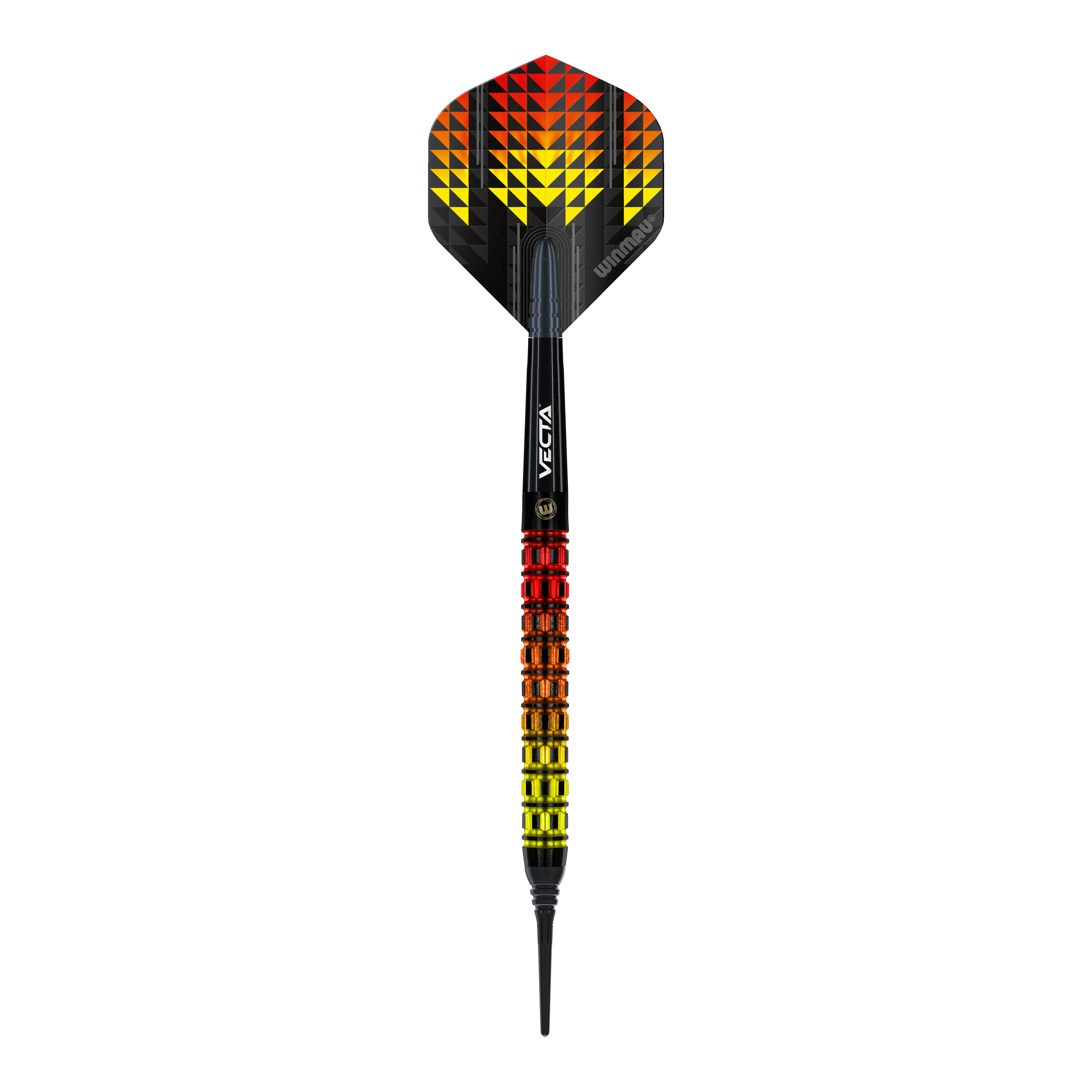 Dardos blandos paralelos Winmau Firestorm Flame - 20 g Das Bild zeigt einen Winmau Firestorm Flame Parallel Softdart mit einem Gewicht von 20g. Der Dart hat ein auffälliges Design mit gelben, orangefarbenen und roten Flammenmustern.